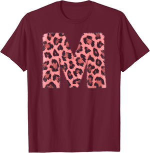 Letter M Cheetah Leopard Print Pink Initial Zebra Matching T-Shirt - T-Shirt | Maroon