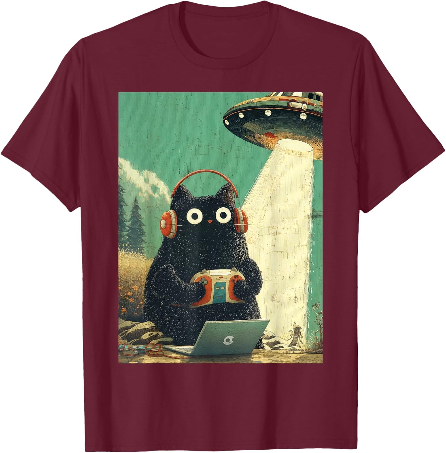 Vintage Japanische Katze Gamer Videospiele Abduktion UFO Anime T-Shirt - T-Shirt | Maroon