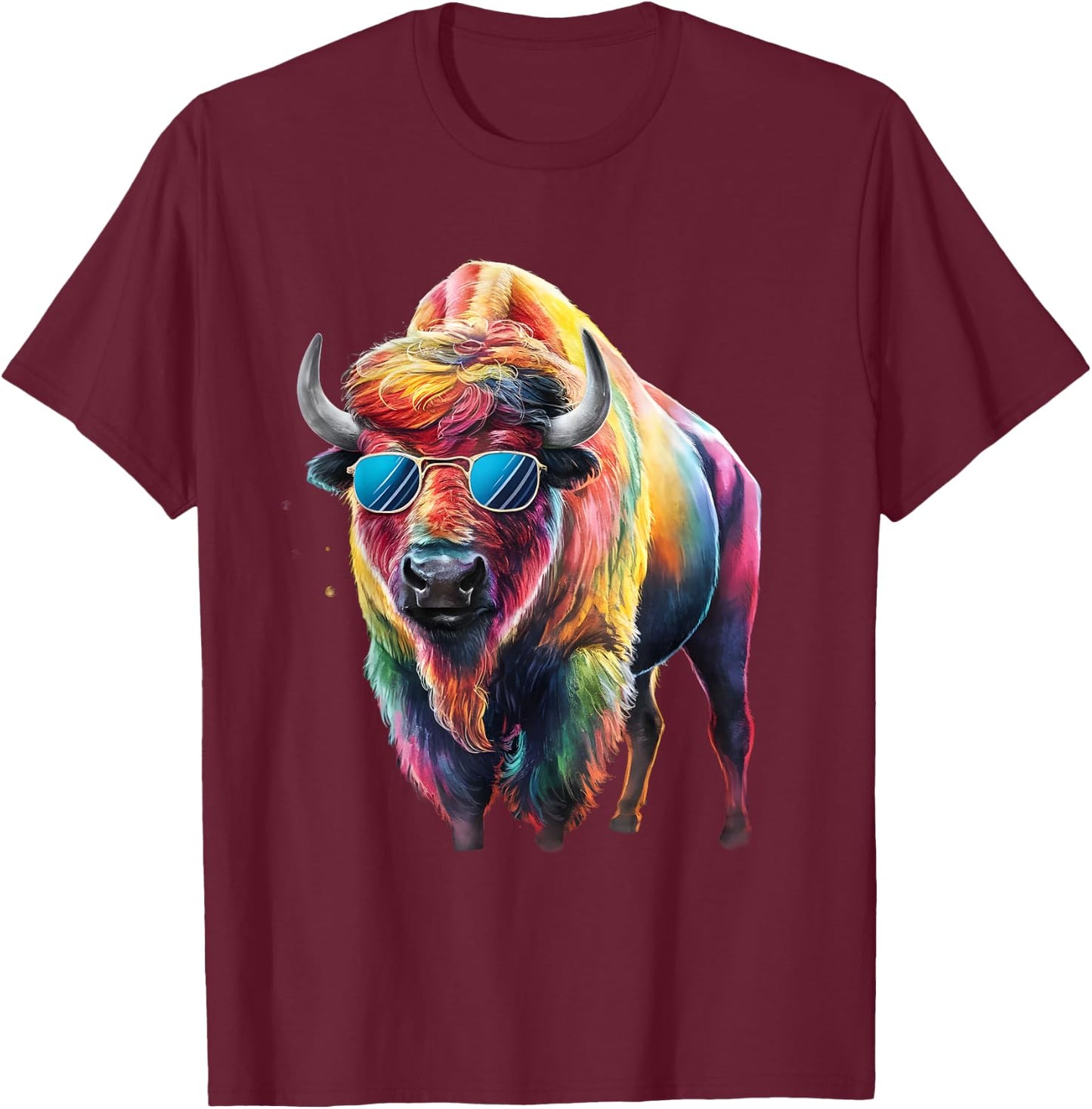 Bison Men Woman Colorful Watercolor Bison T-Shirt - T-Shirt | Maroon