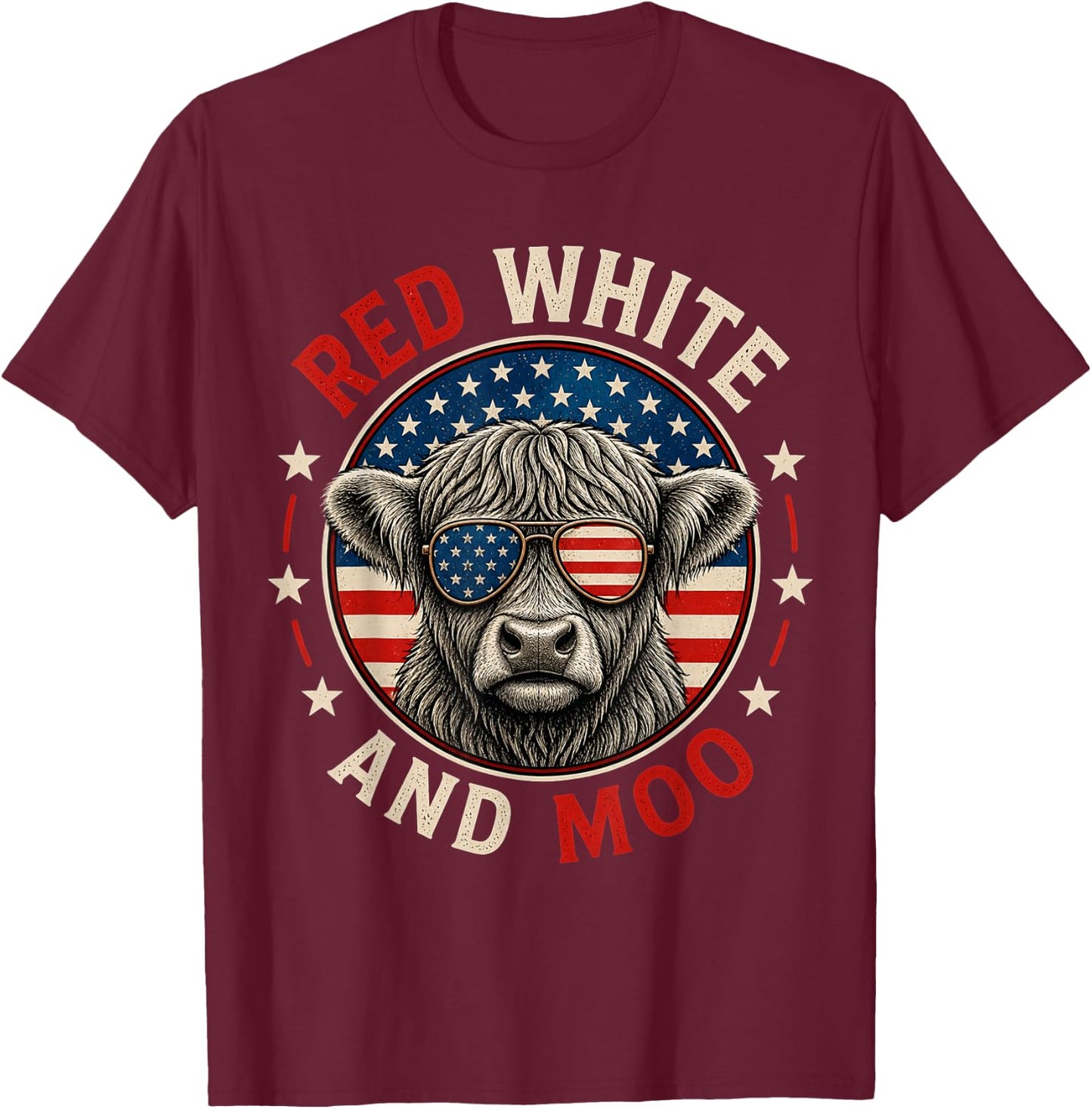 Red White and Moo Funny Toddler Highland Cow 4th of July T-Shirt - T-Shirt | Maroon