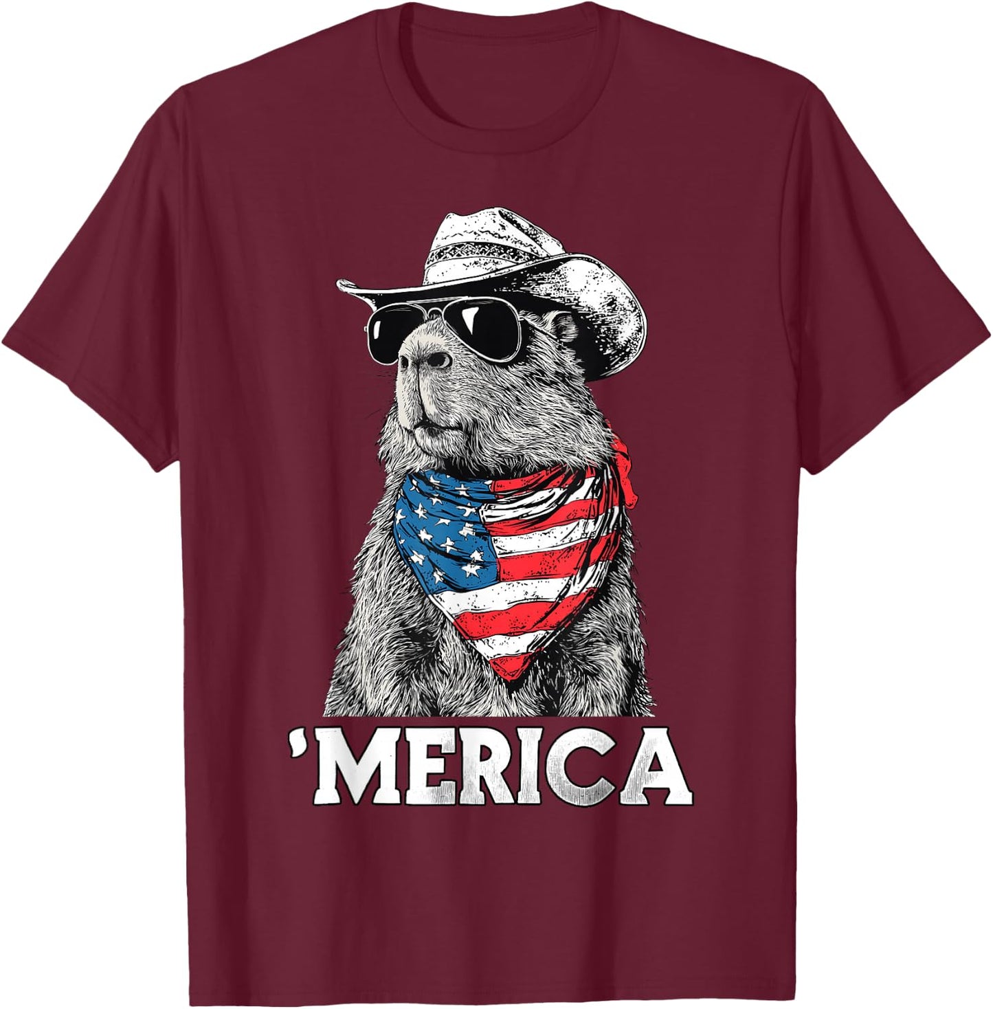 Capybara Sunglasses American Flag Bandana Cowboy Hat Country T-Shirt - T-Shirt | Maroon