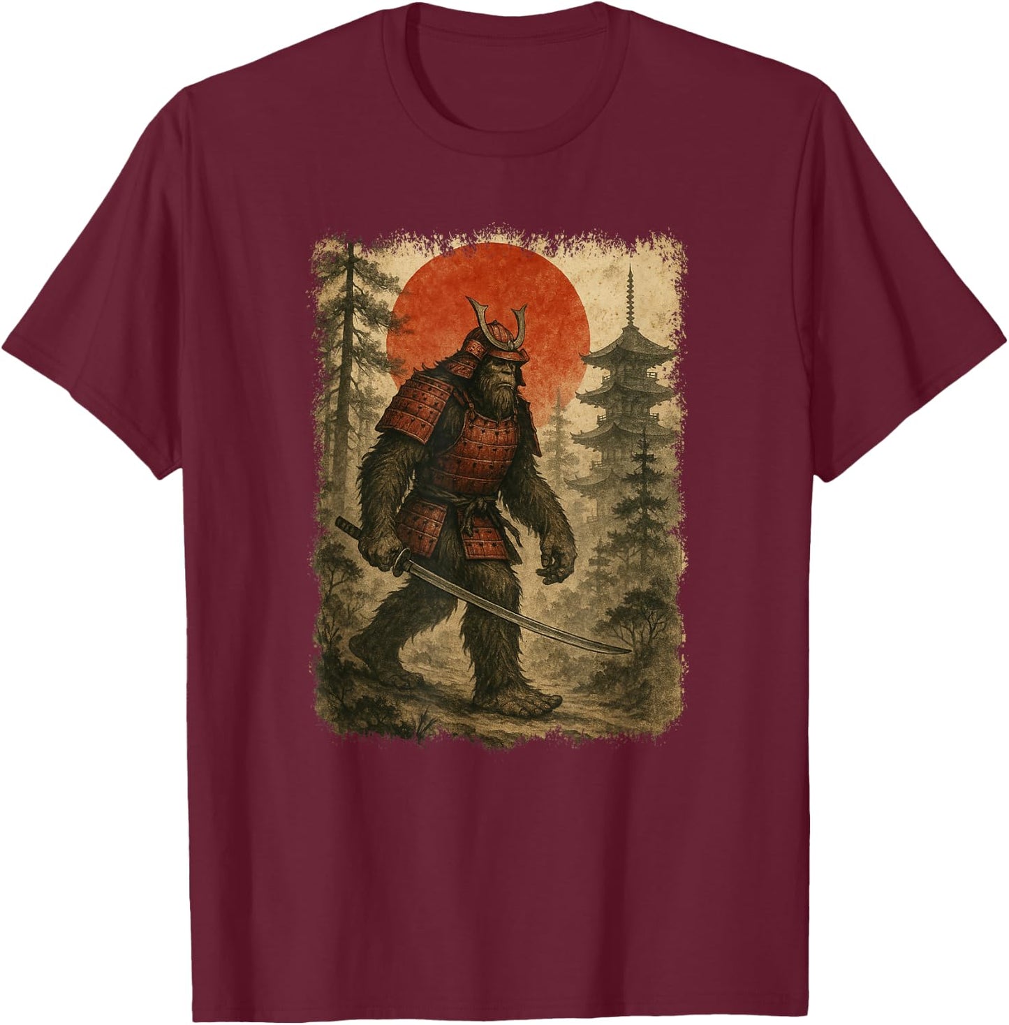 Samurai Bigfoot | Vintage Japanese Warrior & Art, Samurai , Black, S T-Shirt - T-Shirt | Maroon