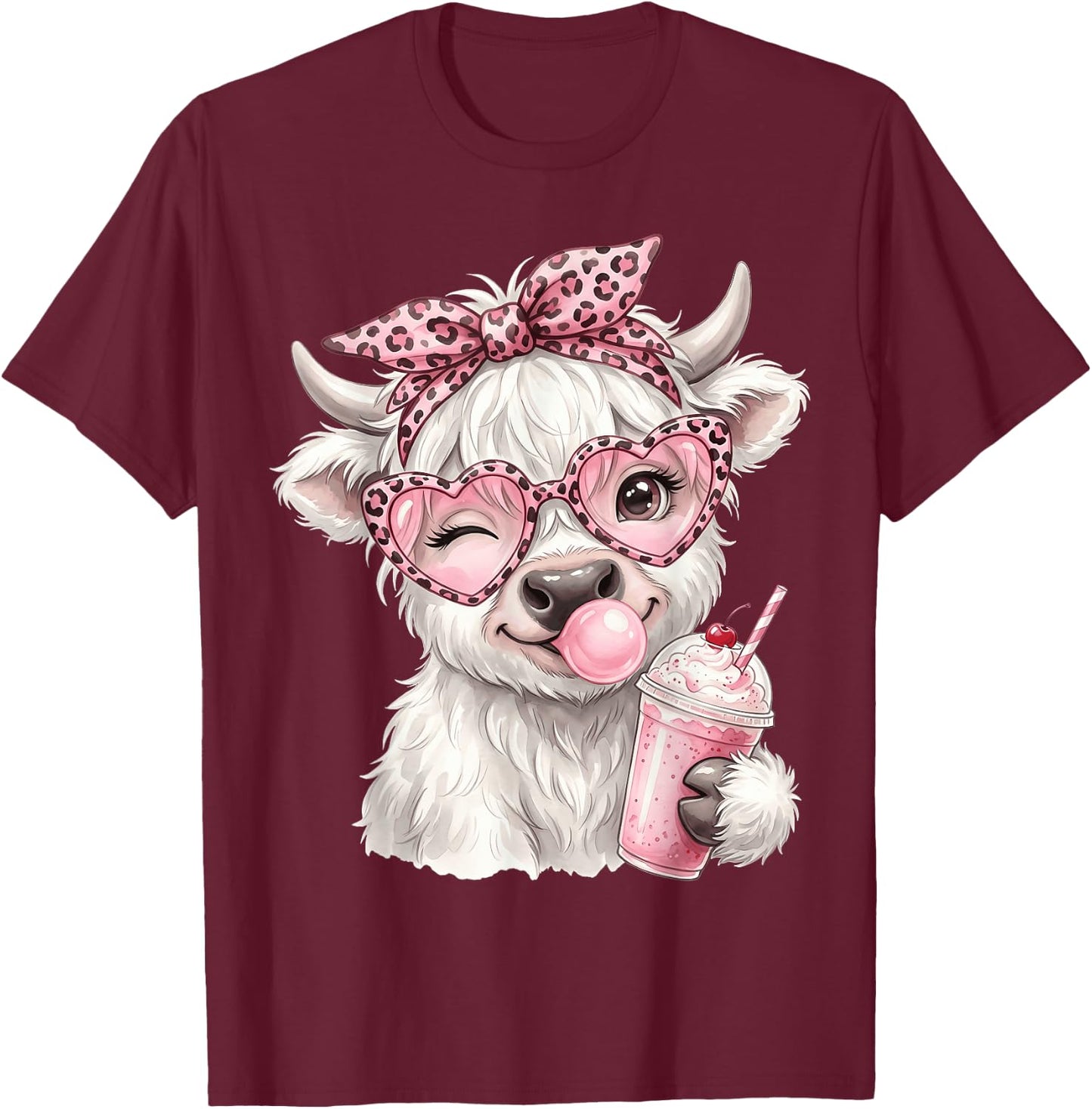 Scottish Highland Cow Eating Bubblegum T-Shirt - T-Shirt | Maroon