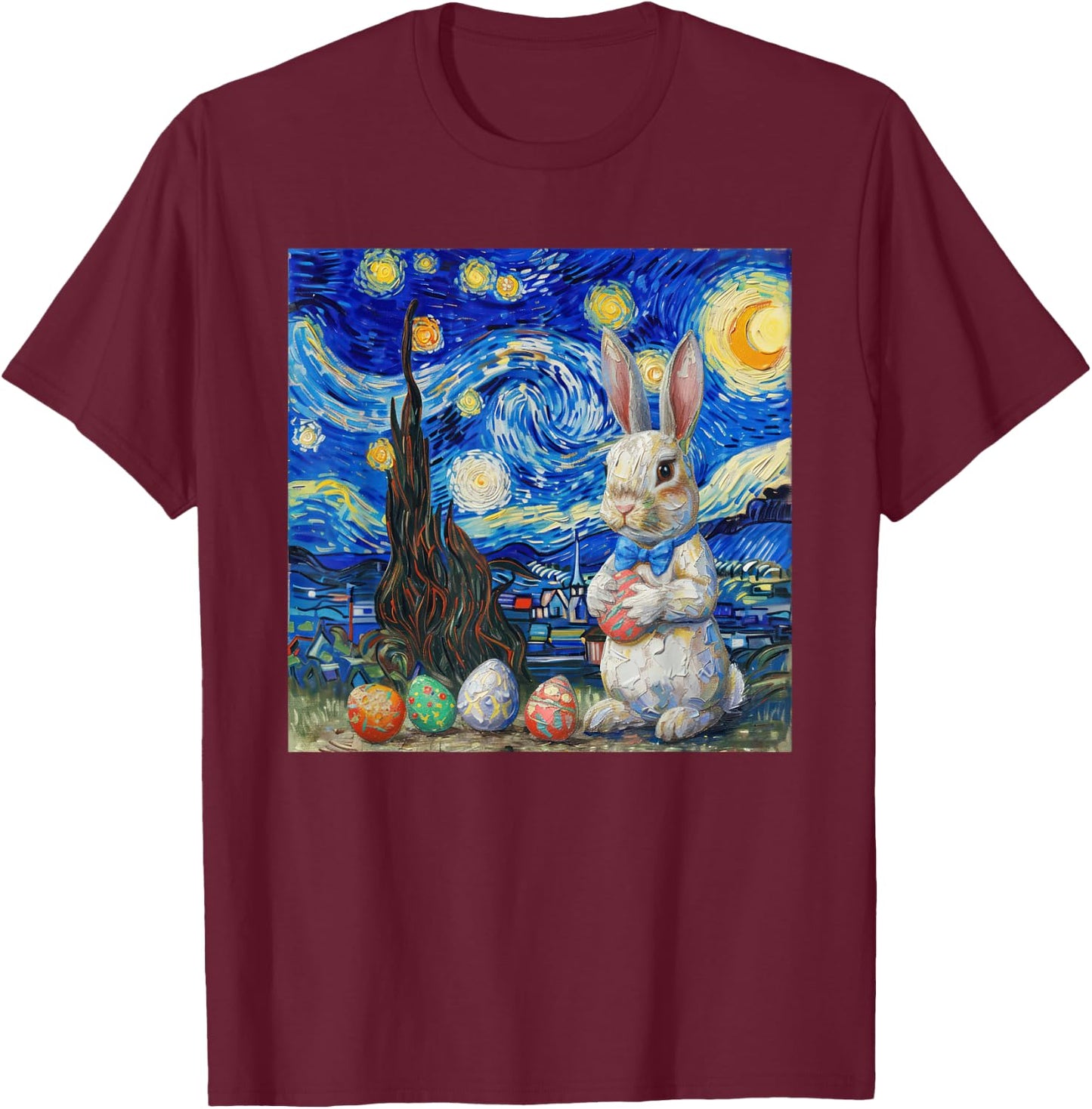 Easter Bunny Happy Easter Eggs Van Gogh Starry Night T-Shirt - T-Shirt | Maroon