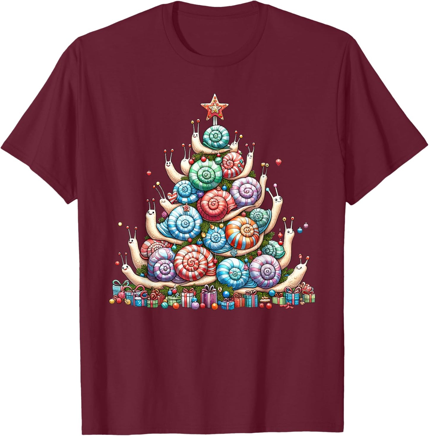 Cute Snail Christmas Tree Kids Funny T-Shirt - T-Shirt | Maroon