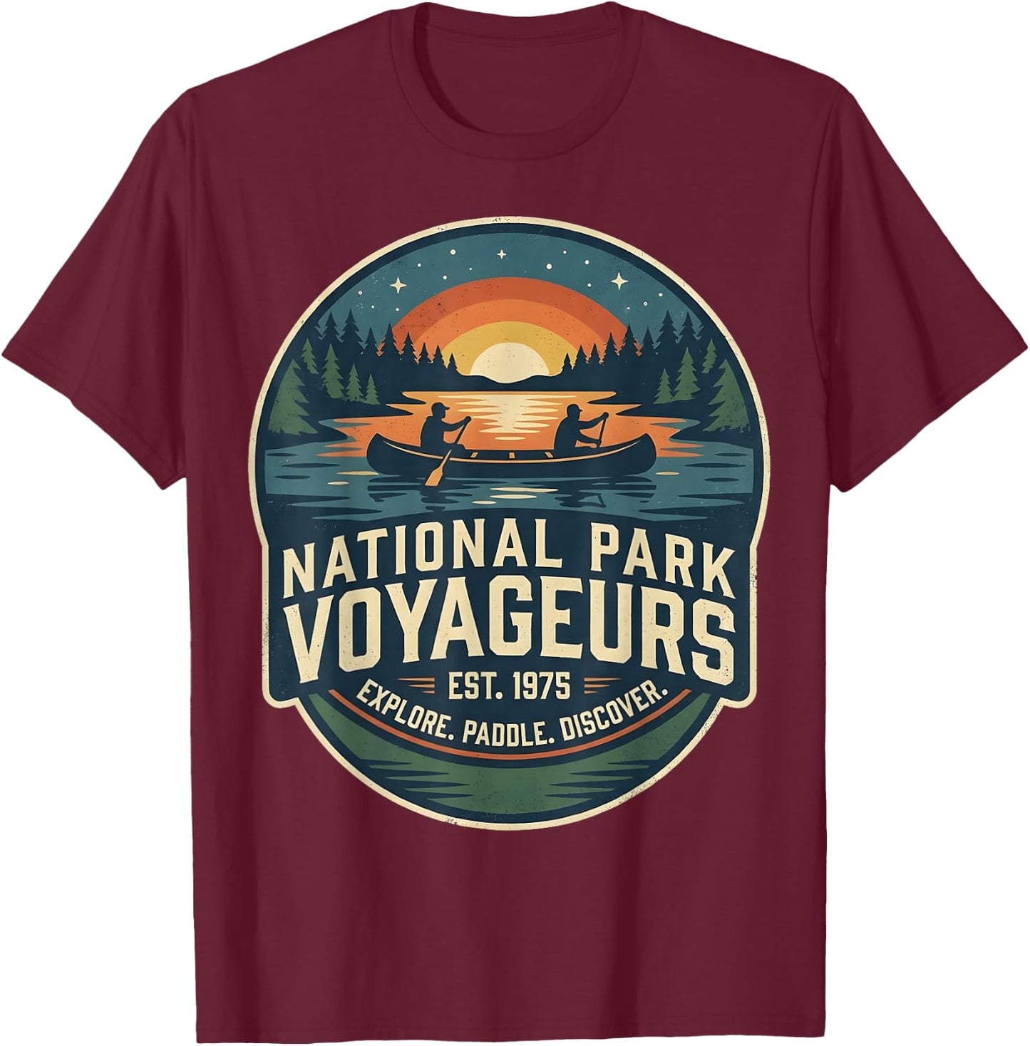 National Park Voyageurs Retro Sunset Canoe Paddling Badge T-Shirt - T-Shirt | Maroon
