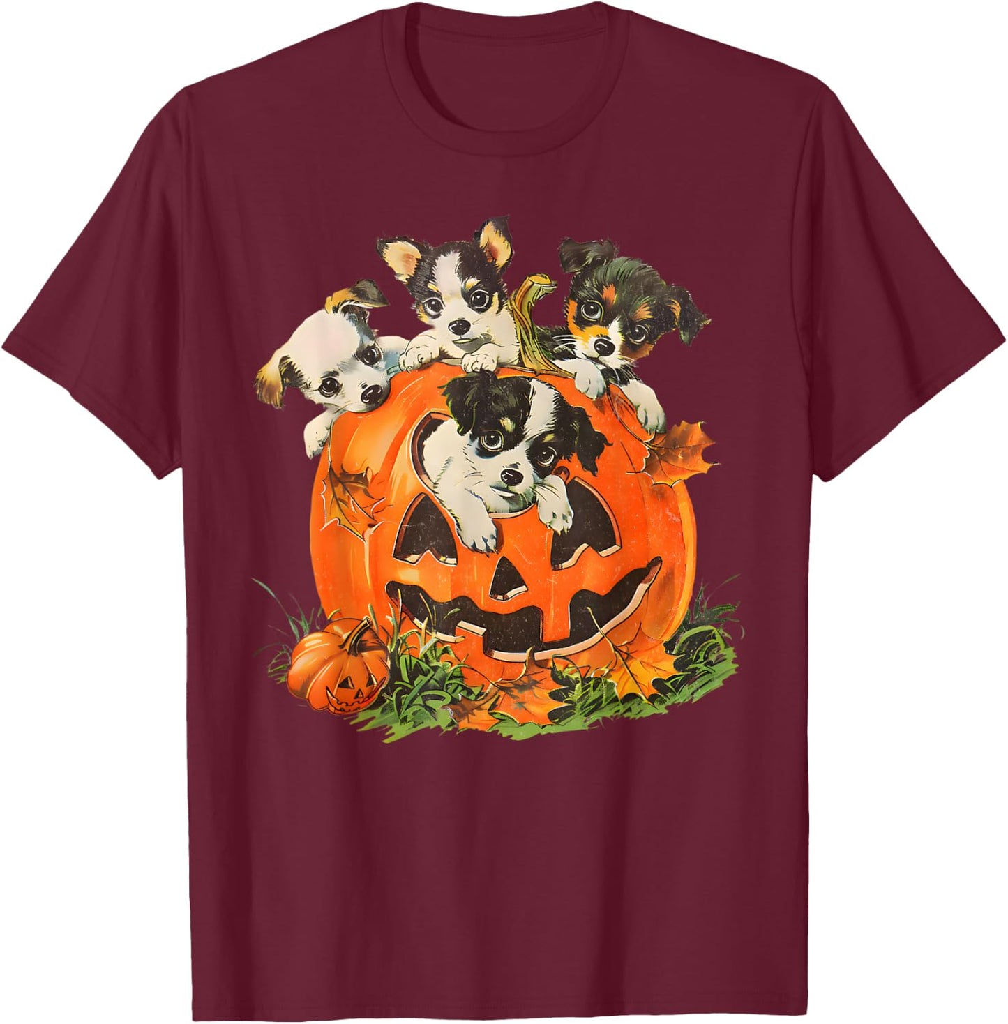 Vintage 90s Dog Retro Pumpkin Puppies Halloween Dog Lovers Men Women Kids T-Shirt - T-Shirt | Maroon
