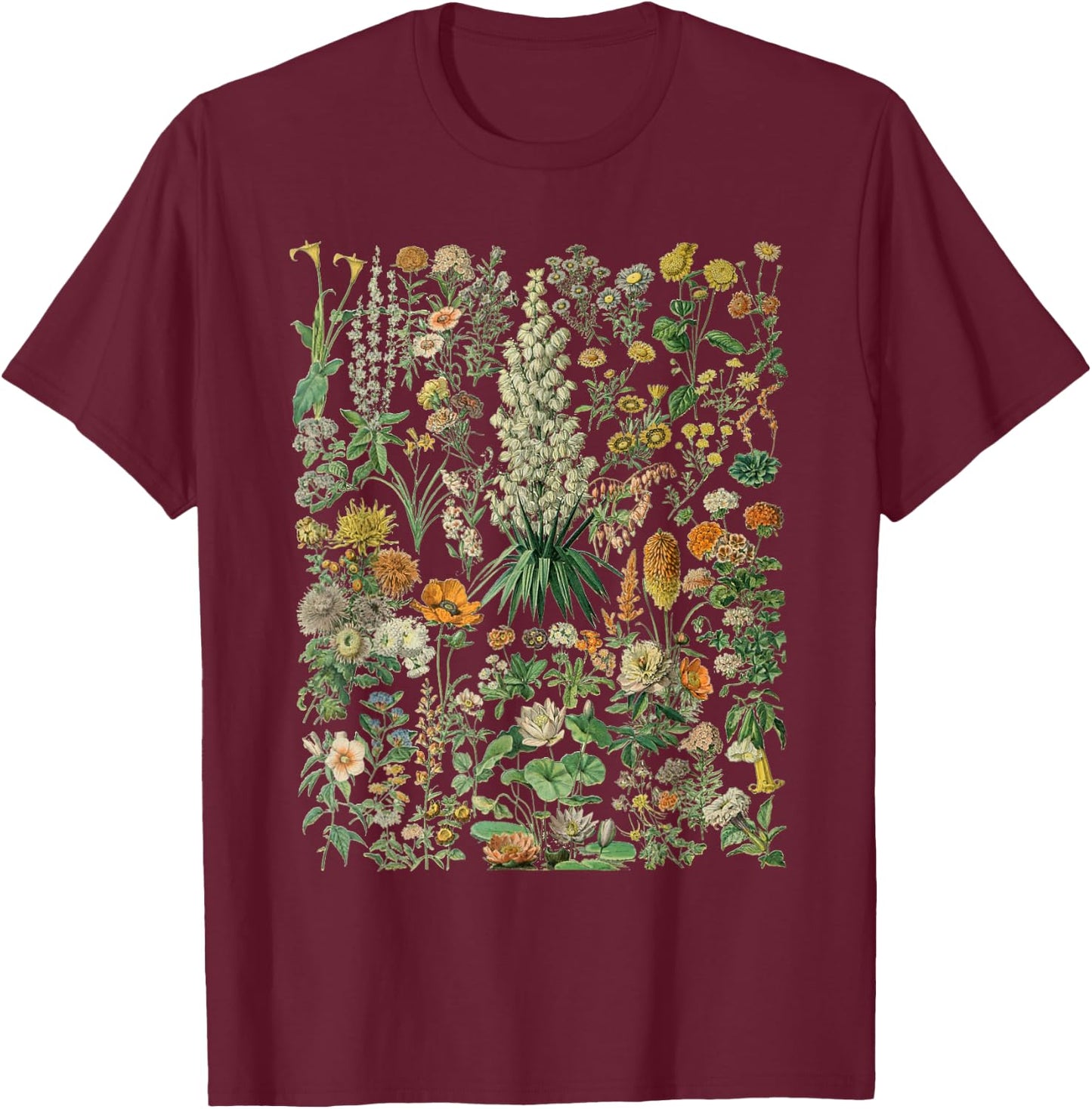 Vintage Inspired Flower Botanical Chart T-Shirt - T-Shirt | Maroon
