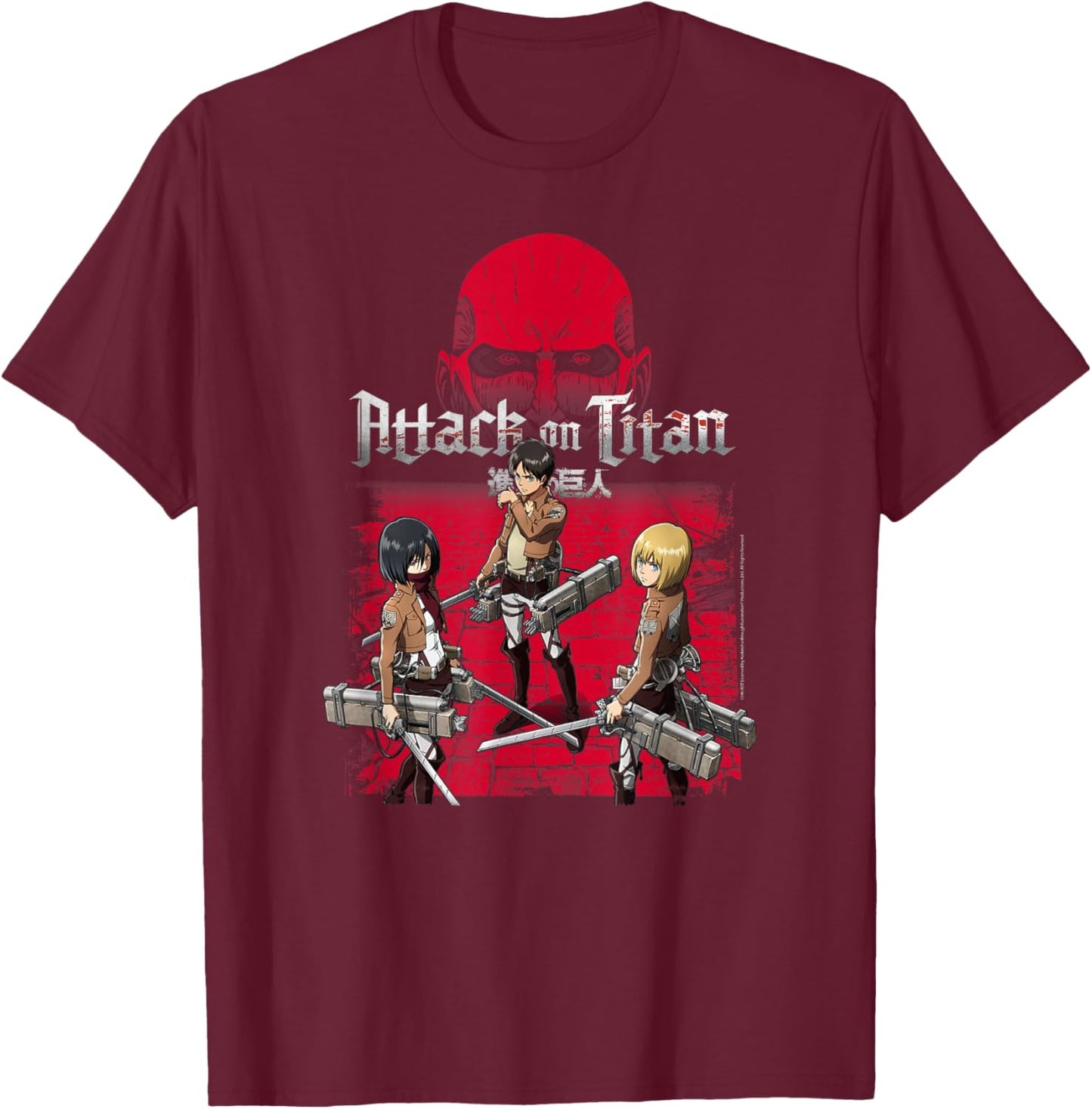 Attack on Titan 3 Main Characters Red Background Anime T-Shirt - T-Shirt | Maroon