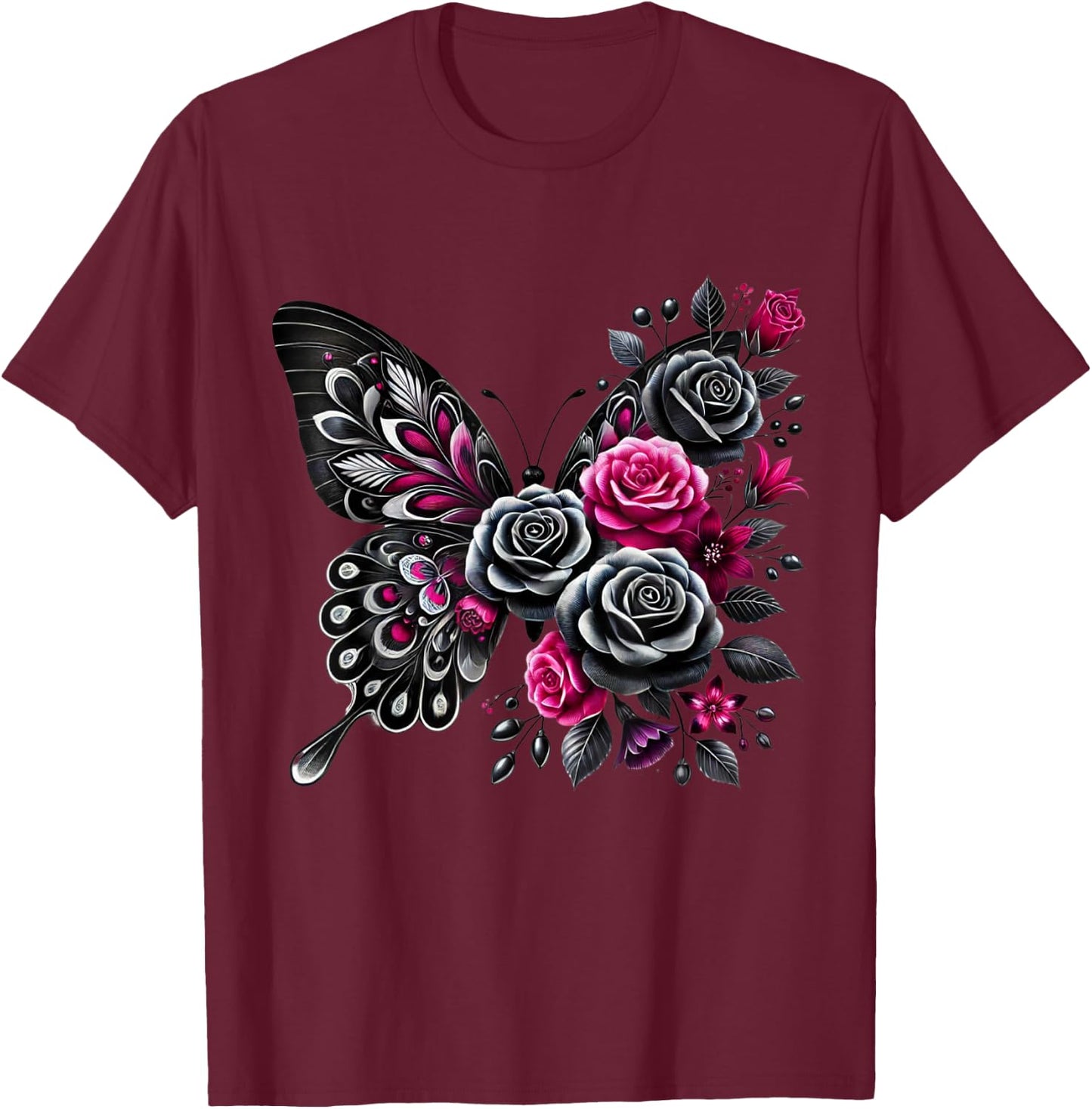 Watercolor Flower Butterfly T-Shirt - T-Shirt | Maroon