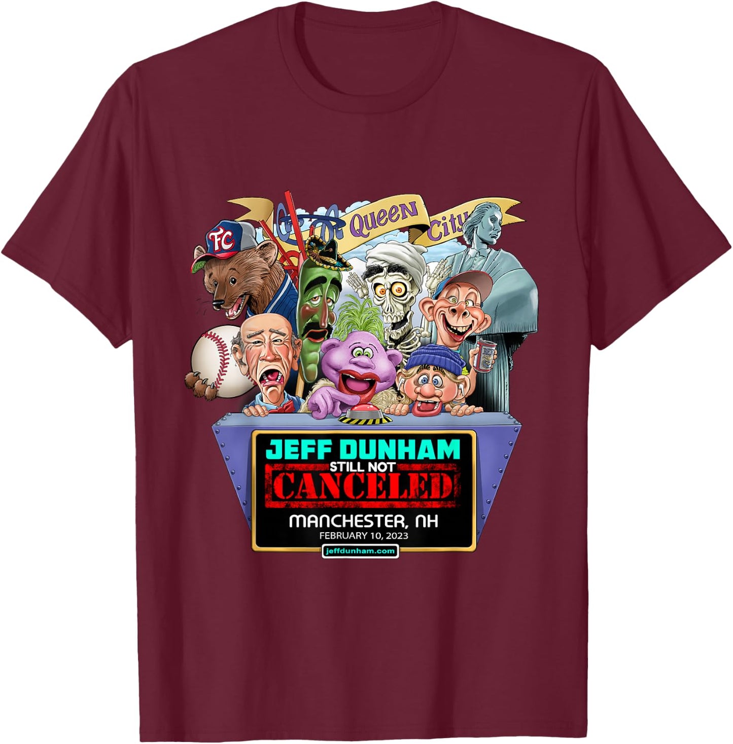 Jeff Dunham Manchester, NH (2023) T-Shirt - T-Shirt | Maroon