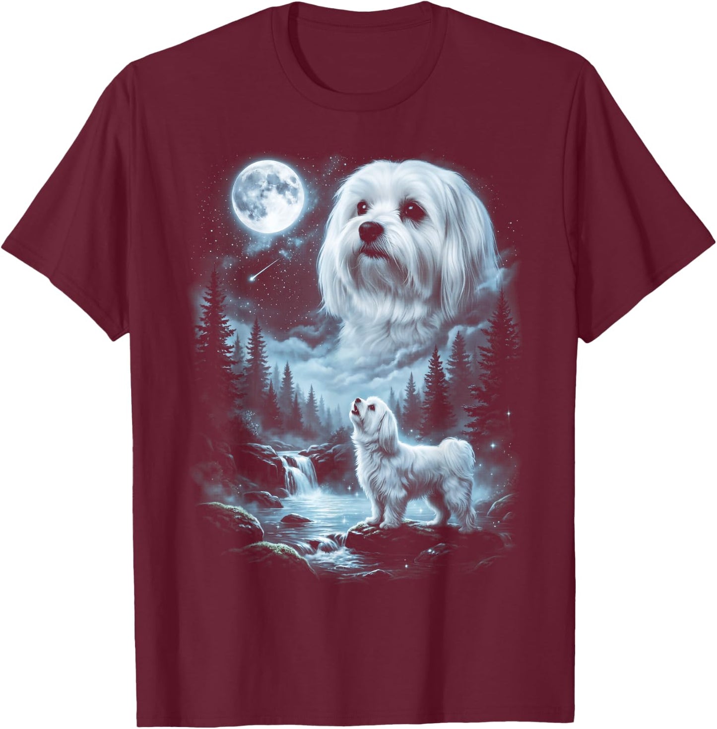 Maltese Howling to the Moon Retro 90's Dog T-Shirt - T-Shirt | Maroon