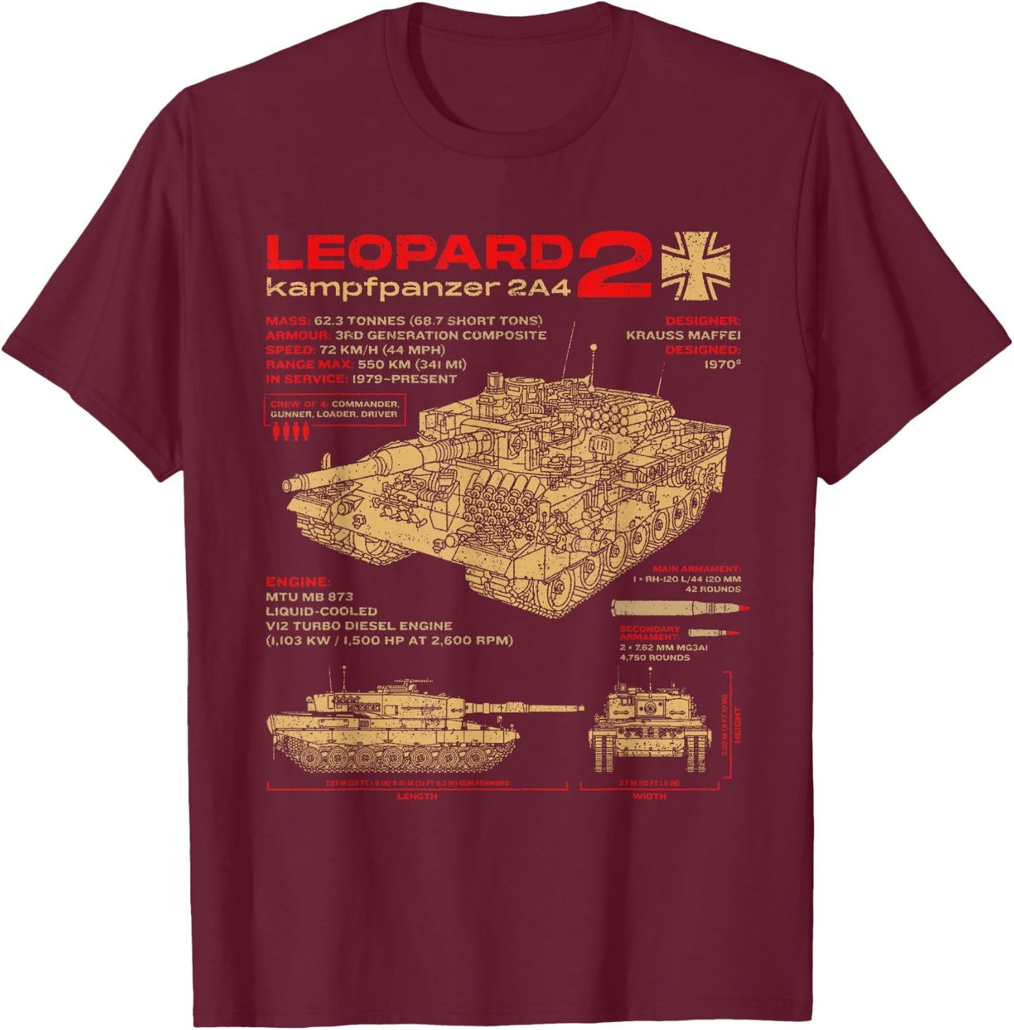 Leopard 2 2A4 Panzer Panzer Fahrzeug Blueprint T-Shirt - T-Shirt | Maroon