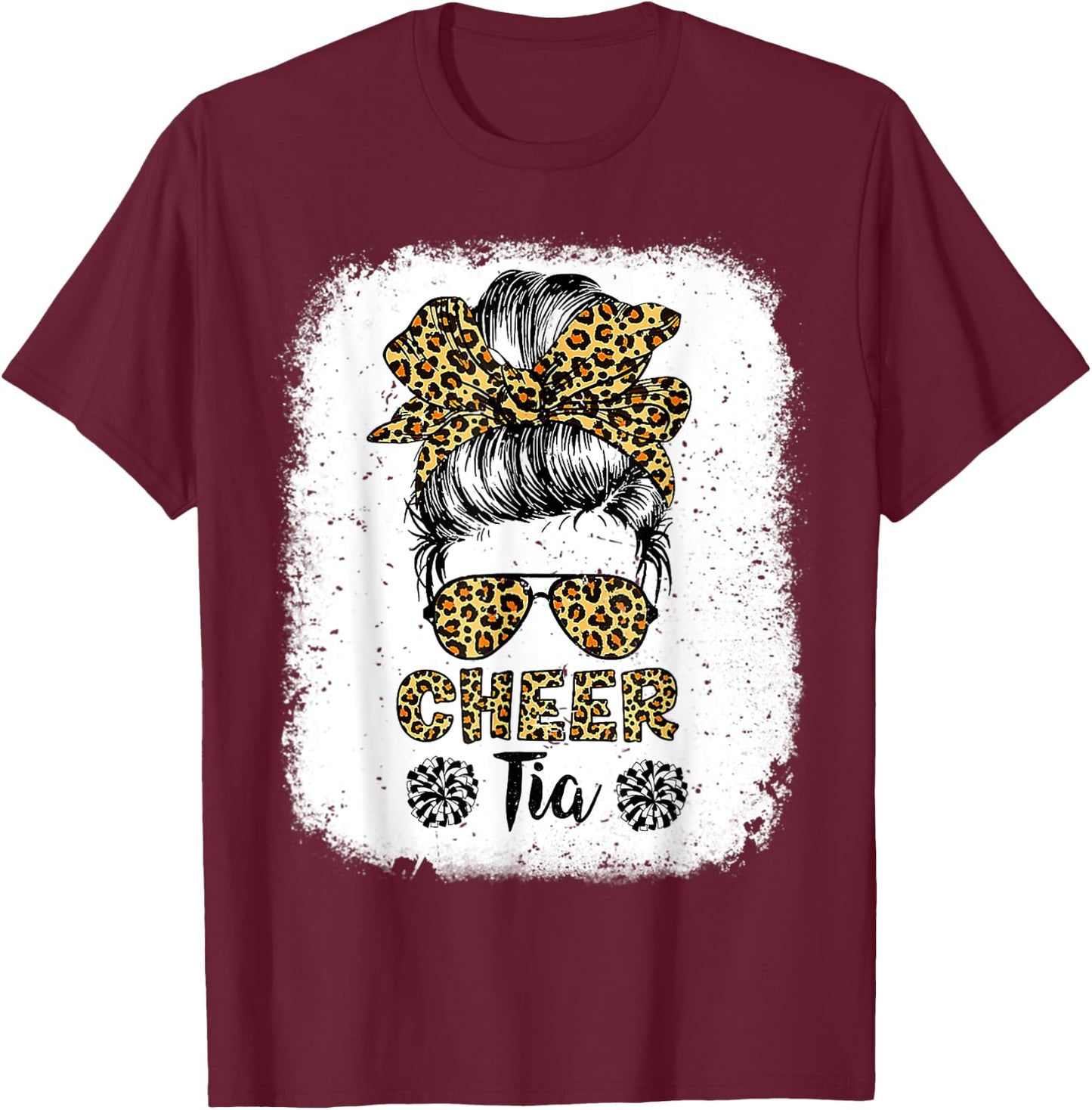 Cheer Tia Leopard Messy Bun Cheerleader Bleached T-Shirt - T-Shirt | Maroon