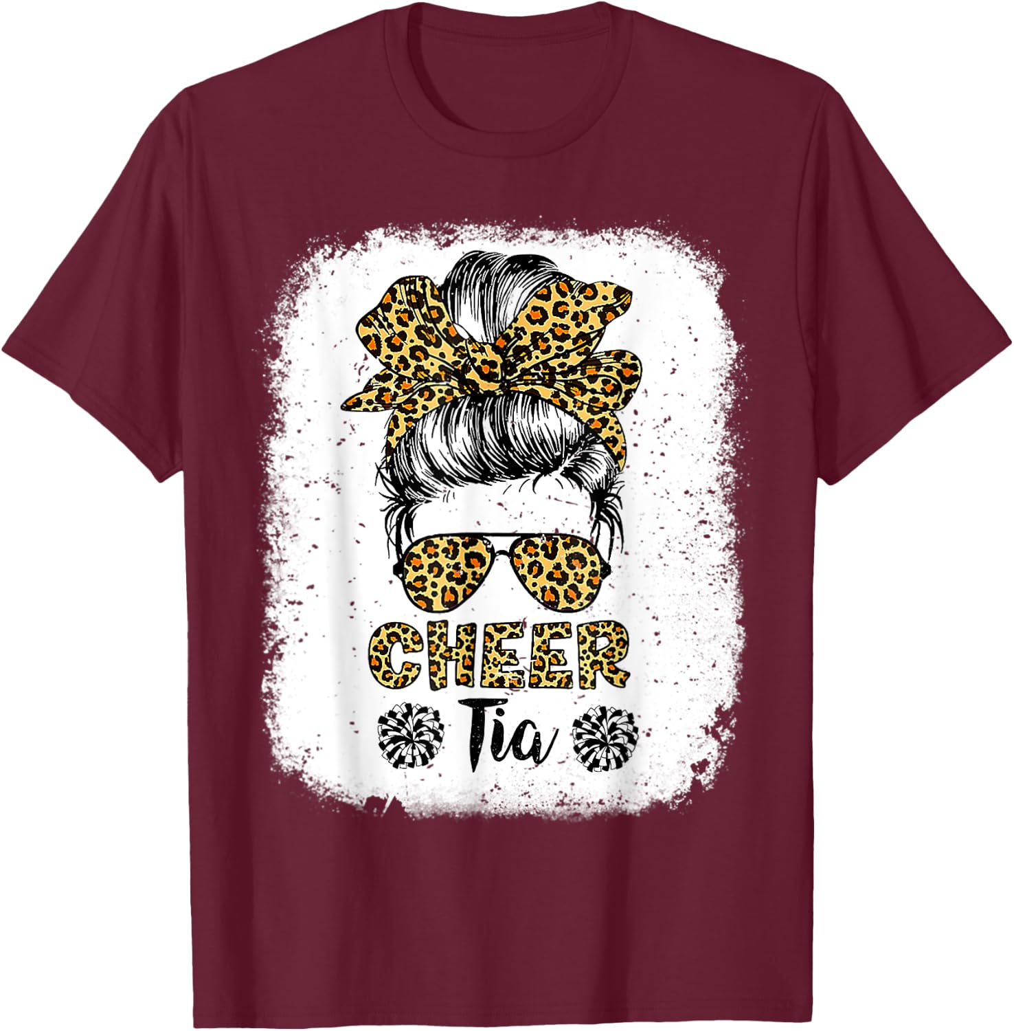 Cheer Tia Leopard Messy Bun Cheerleader Bleached T-Shirt - T-Shirt | Maroon