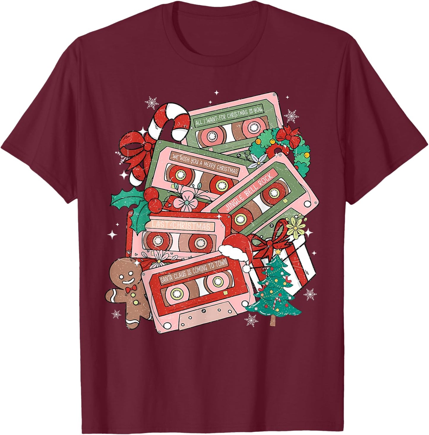 Retro Christmas Music Cassette Tapes Music Teacher Musician T-Shirt - T-Shirt | Maroon