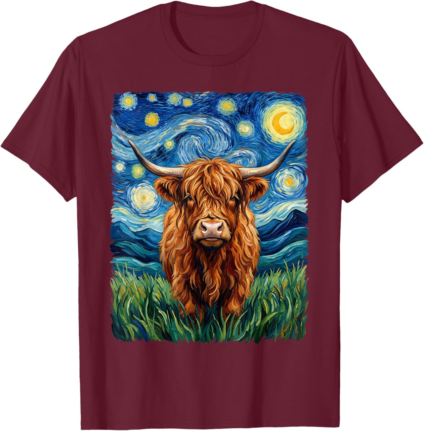 Highland Cow - Van Gogh Style - Starry Night T-Shirt - T-Shirt | Maroon