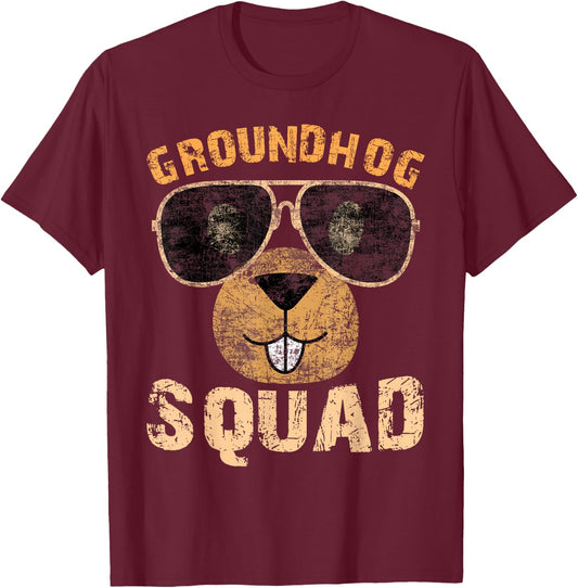 Funny Groundhog Squad Shirt Happy Groundhog Day 2026 T-Shirt - T-Shirt | Maroon