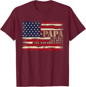Papa Man Myth Bad Influence Father's Day Retro USA Flag T-Shirt - T-Shirt | Maroon