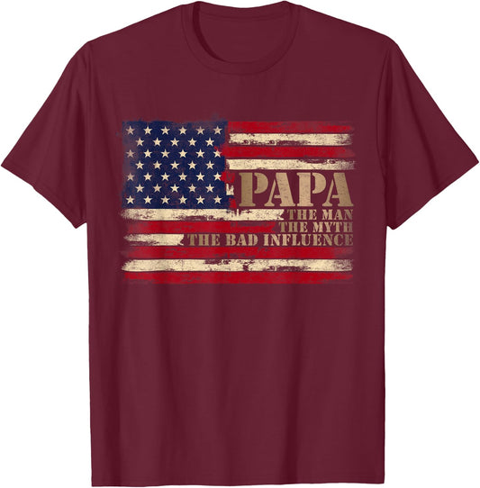 Papa Man Myth Bad Influence Father's Day Retro USA Flag T-Shirt - T-Shirt | Maroon