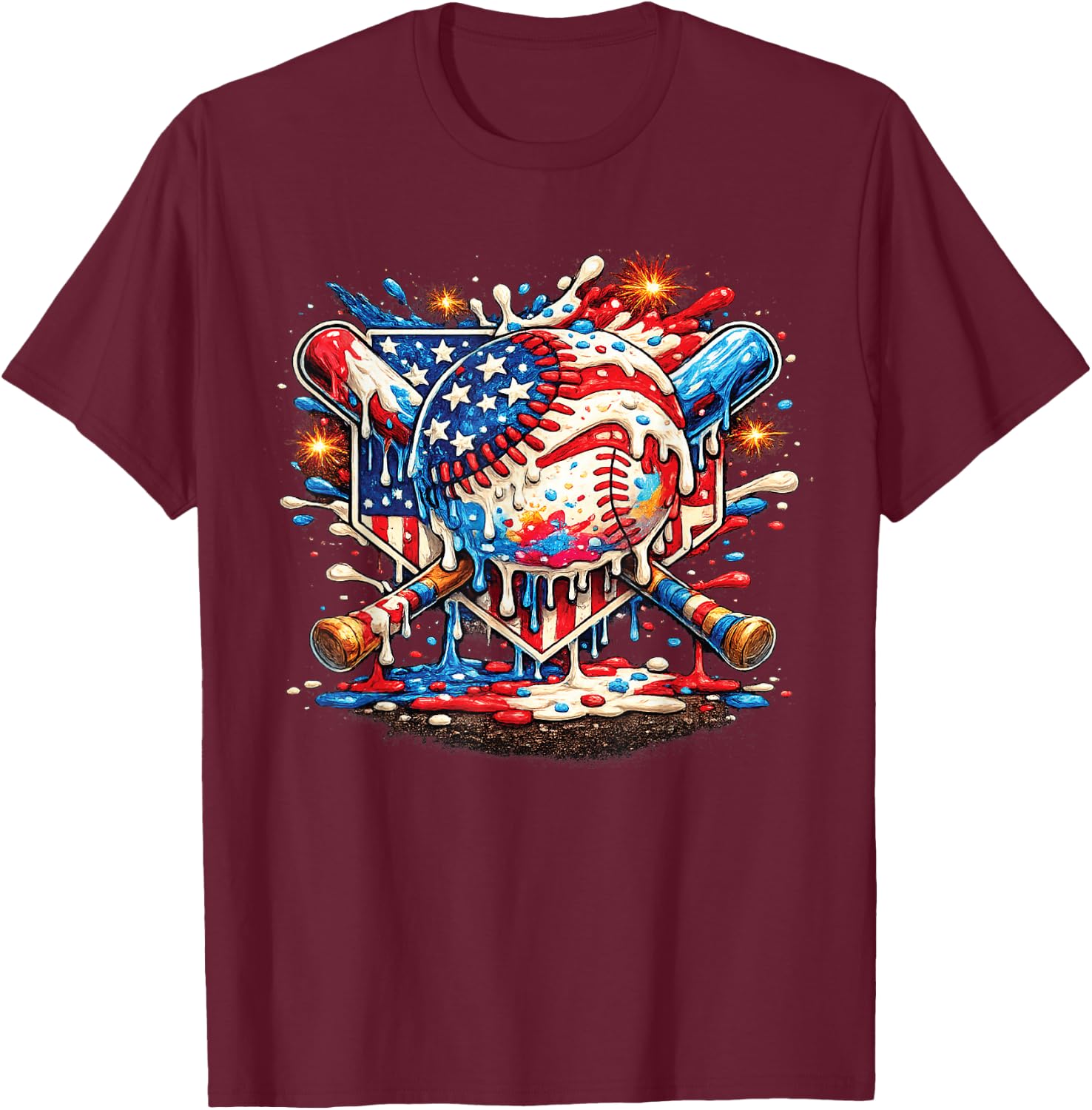 Baseball Drip Ice Cream Patriot American Flag 4th of July T-Shirt - T-Shirt | Maroon
