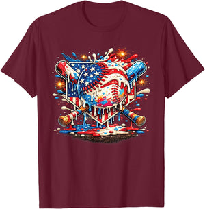 Baseball Drip Ice Cream Patriot American Flag 4th of July T-Shirt - T-Shirt | Maroon