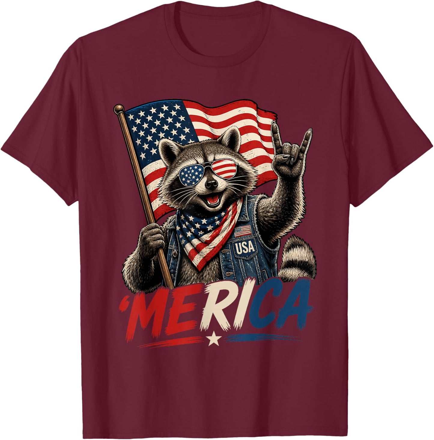 4th of July Raccoon Merica Rock Men Women Kid USA Flag T-Shirt - T-Shirt | Maroon