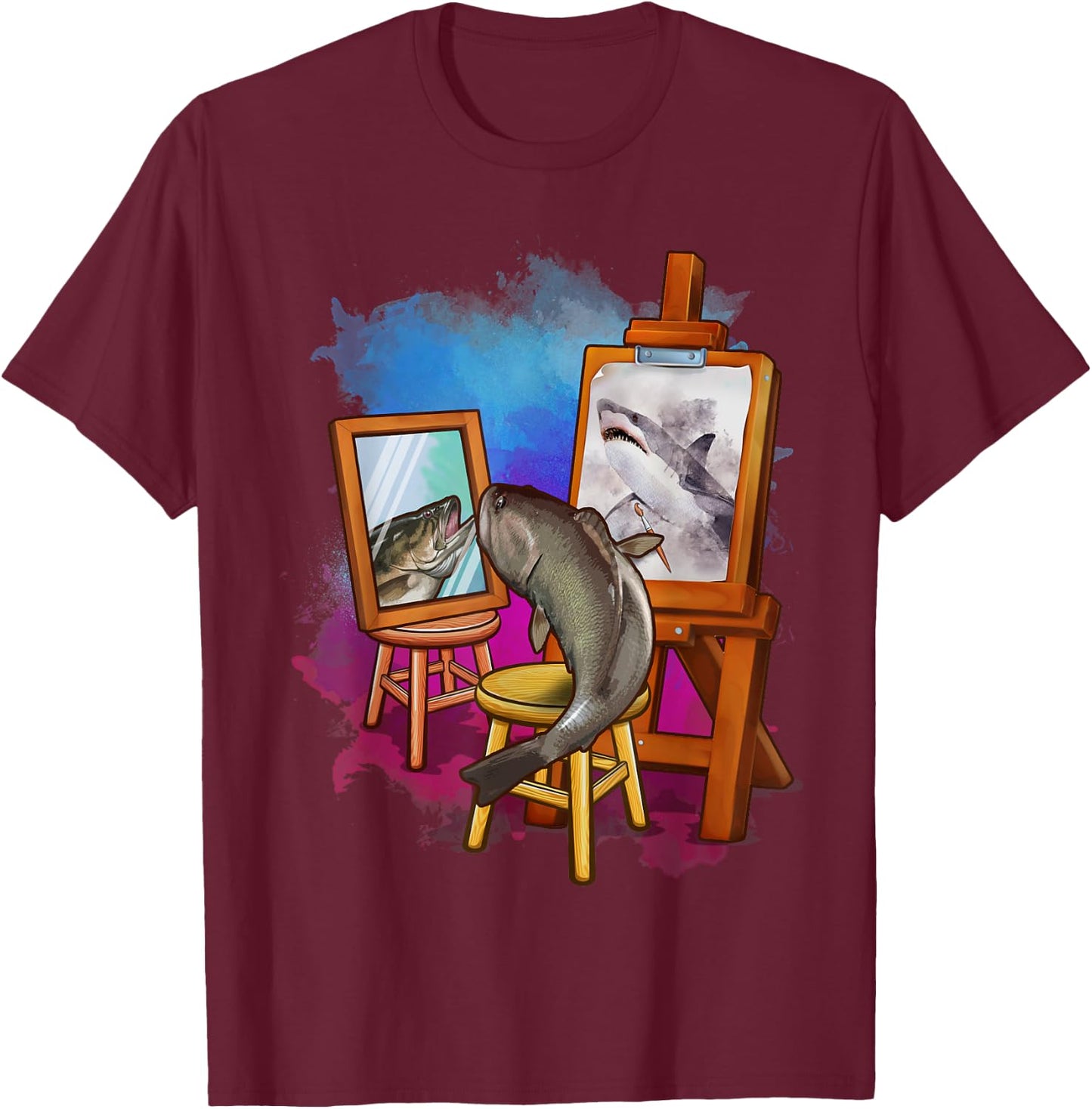 Cute Fish Painting Shark Artistic Animals Lover Graphic T-Shirt - T-Shirt | Maroon