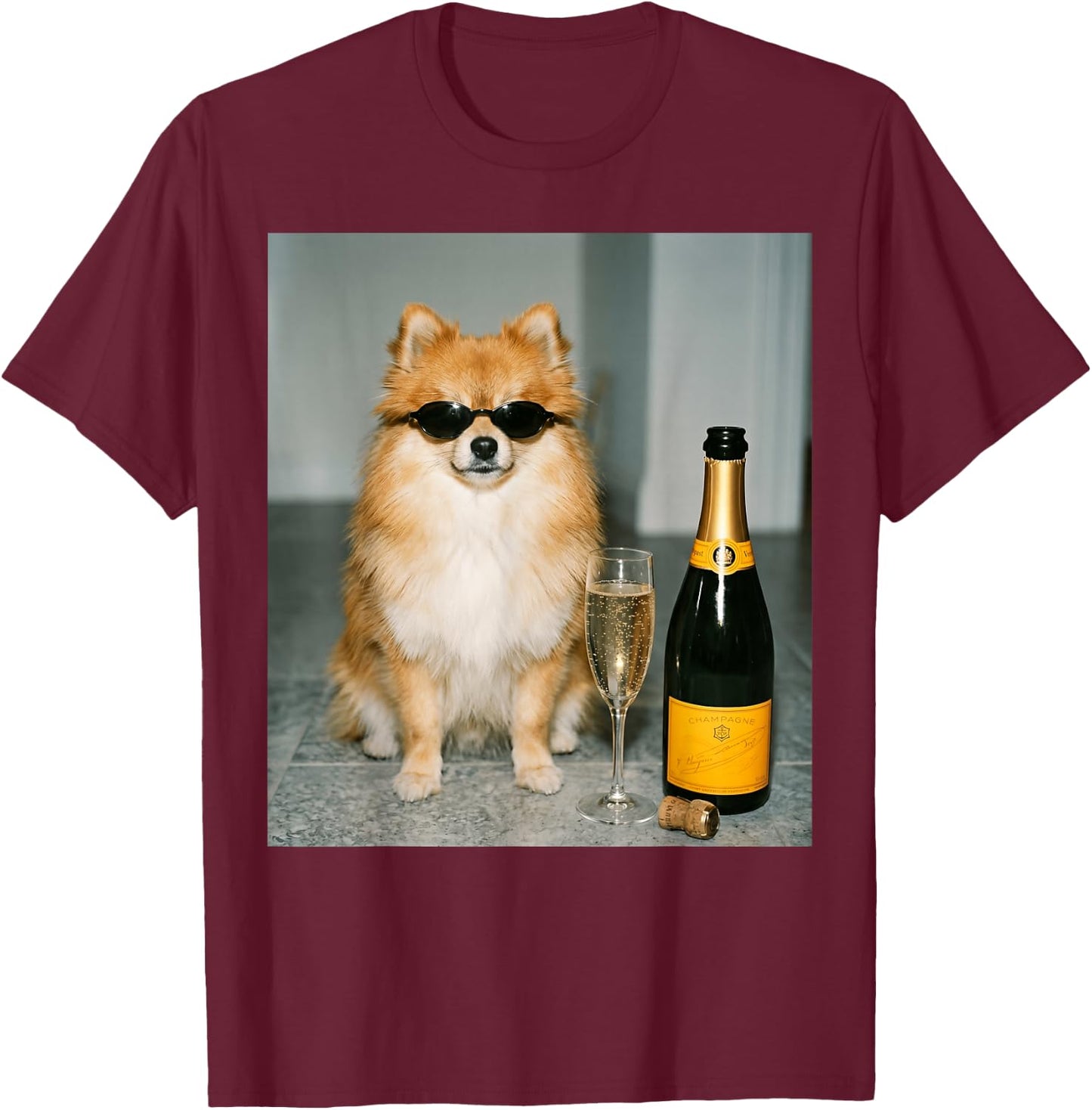 Funny Pomeranian Drinking Champagne Meme T-Shirt - T-Shirt | Maroon