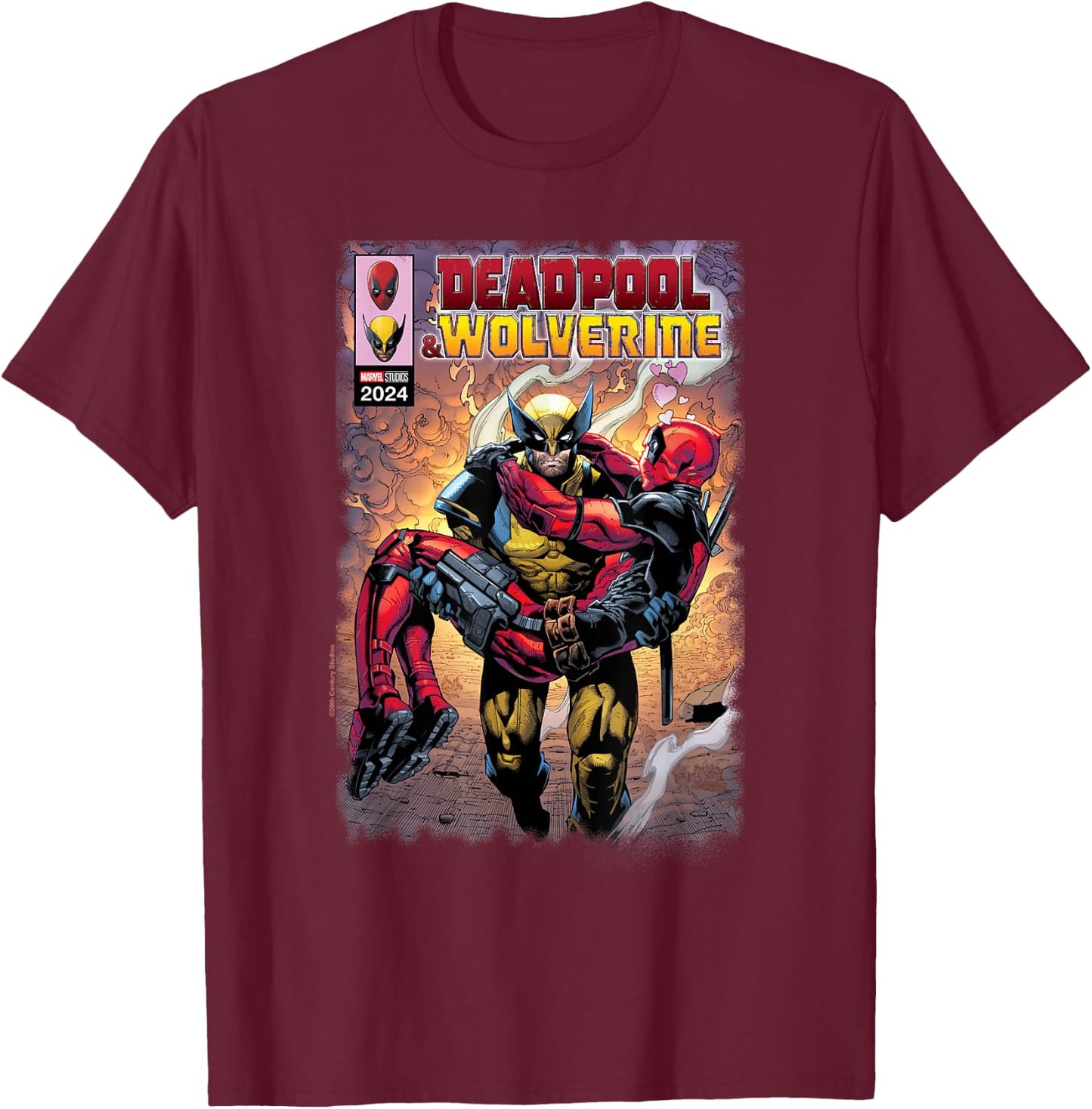 Marvel Deadpool & Wolverine Wolverine Saves Deadpool Comic , Black, S T-Shirt - T-Shirt | Maroon
