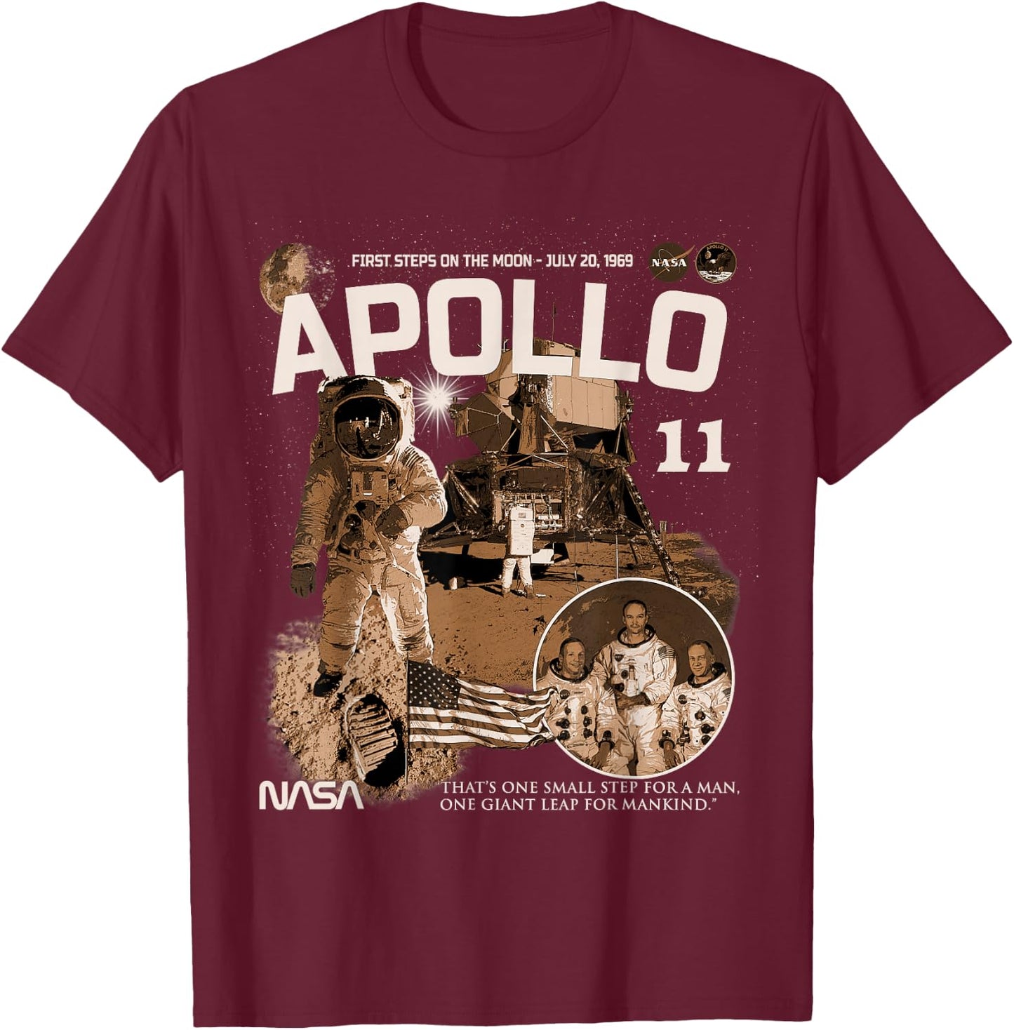 NASA Apollo 11 Mission July 20, 1969 , Black, S T-Shirt - T-Shirt | Maroon