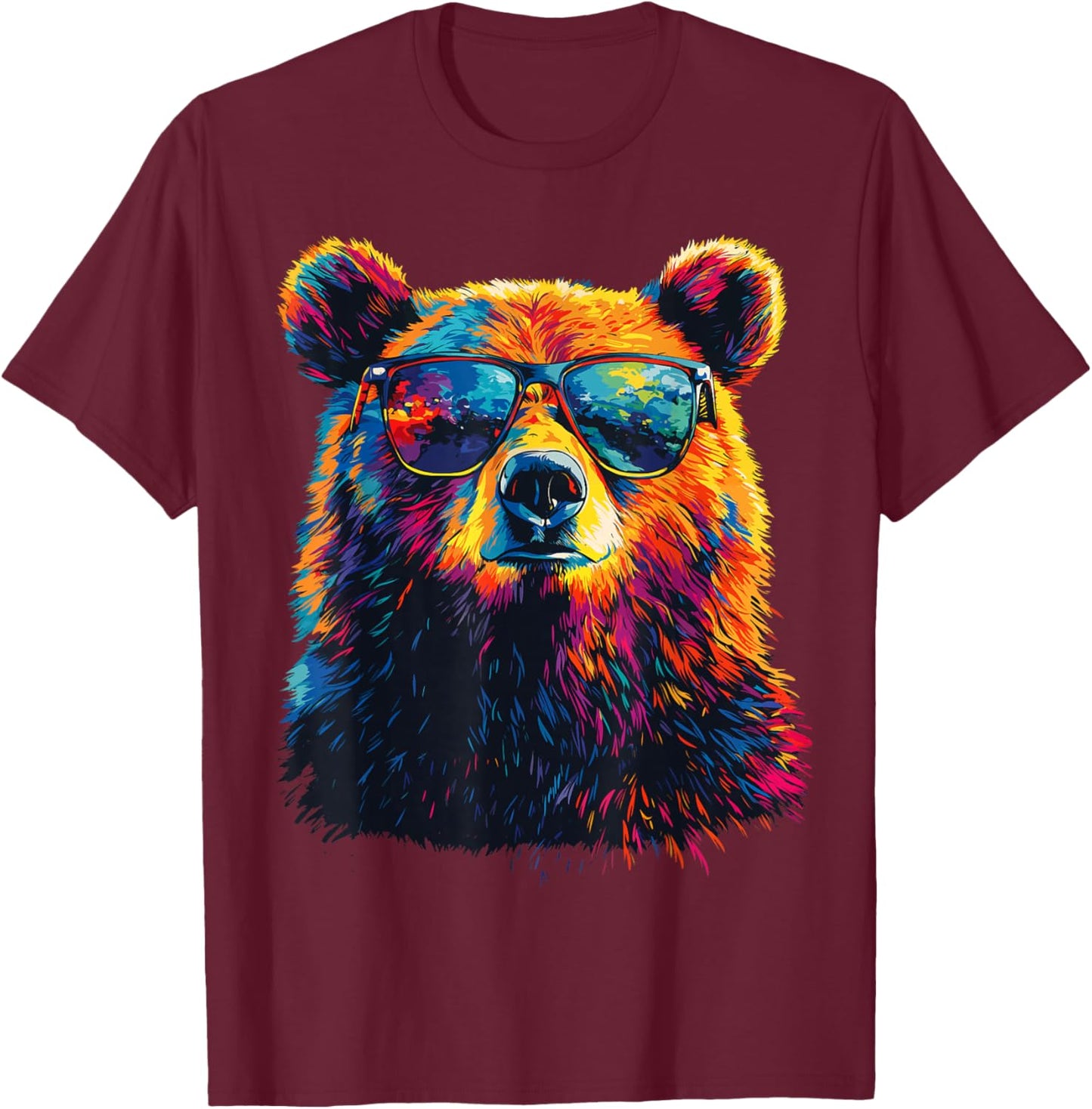Cool Bear Portrait with Sunglasses Watercolour Bear , black T-Shirt - T-Shirt | Maroon