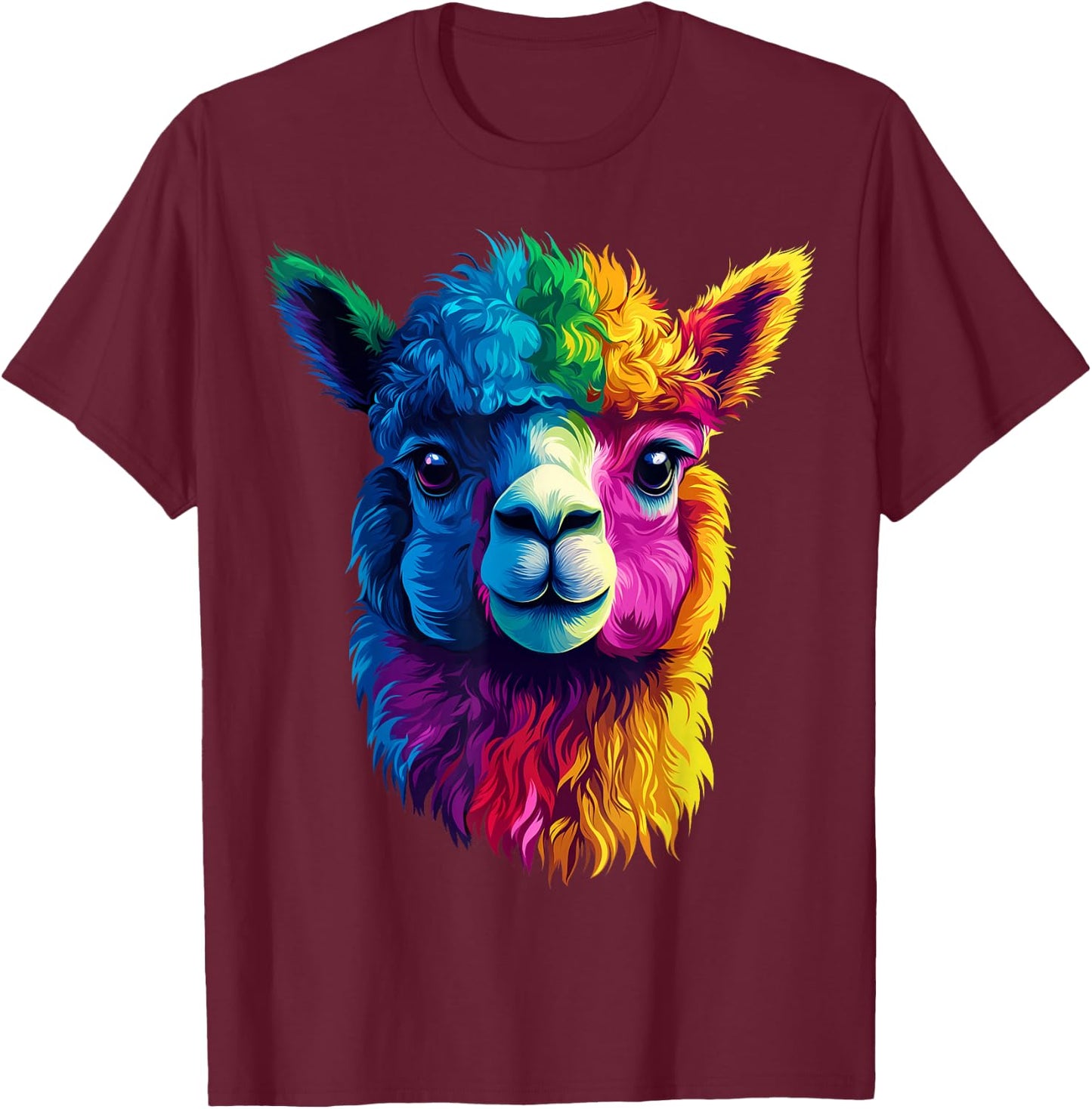 Colorful Alpaca Face Farm Animal Lover Black T-Shirt - T-Shirt | Maroon