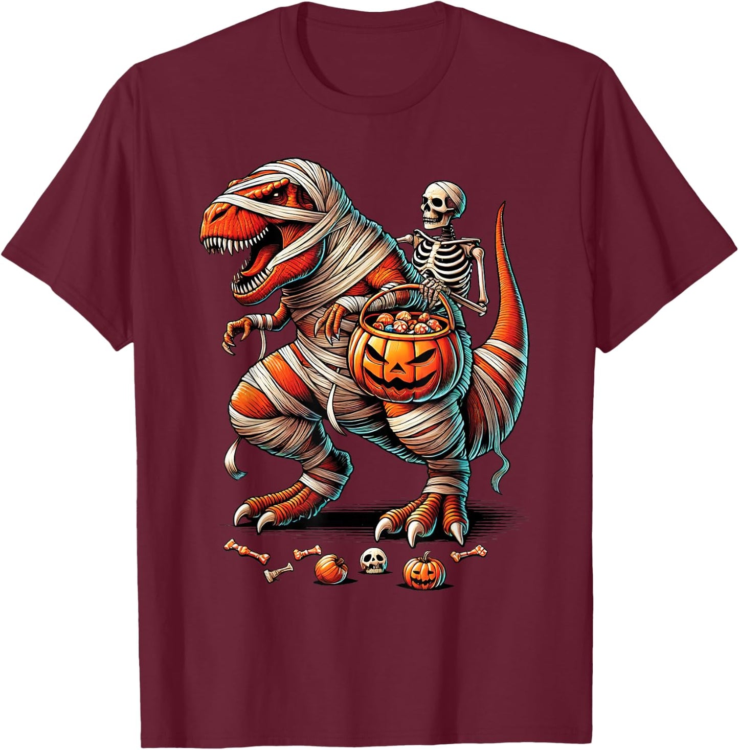 Skeleton Riding Mummy Dinosaur T Rex Kid Boy Funny Halloween T-Shirt - T-Shirt | Maroon