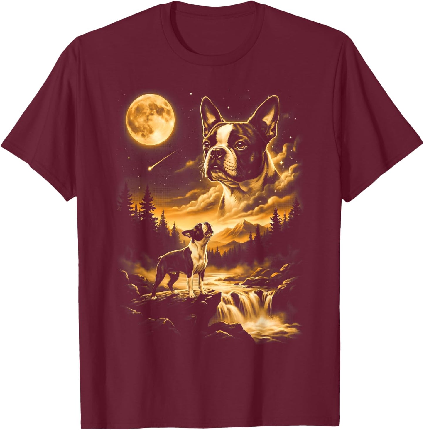 Boston Terrier Howling to The Moon T-Shirt - T-Shirt | Maroon