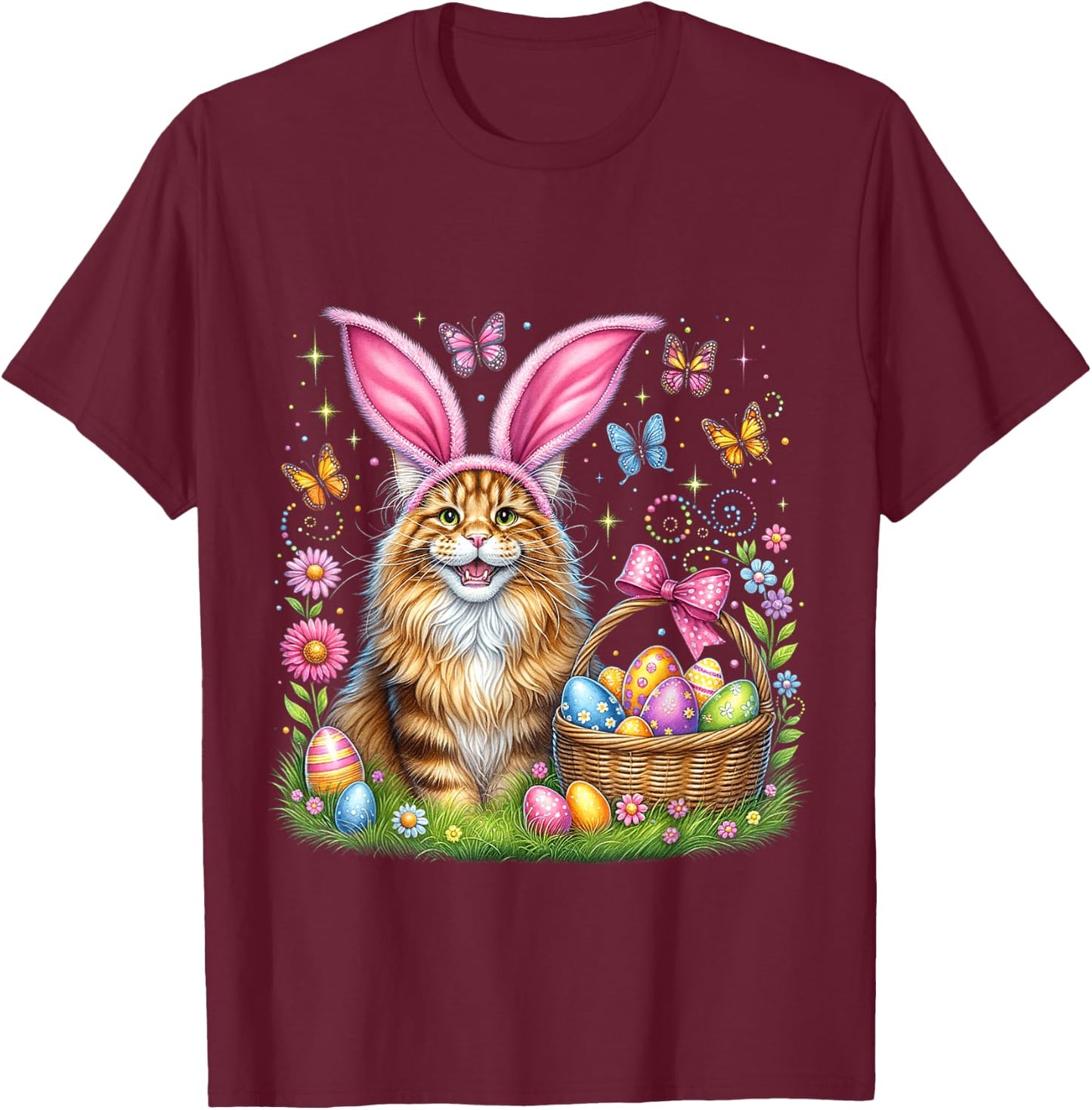 Happy Easter Cute Bunny Maine Coon Cat Easter Eggs Basket T-Shirt - T-Shirt | Maroon