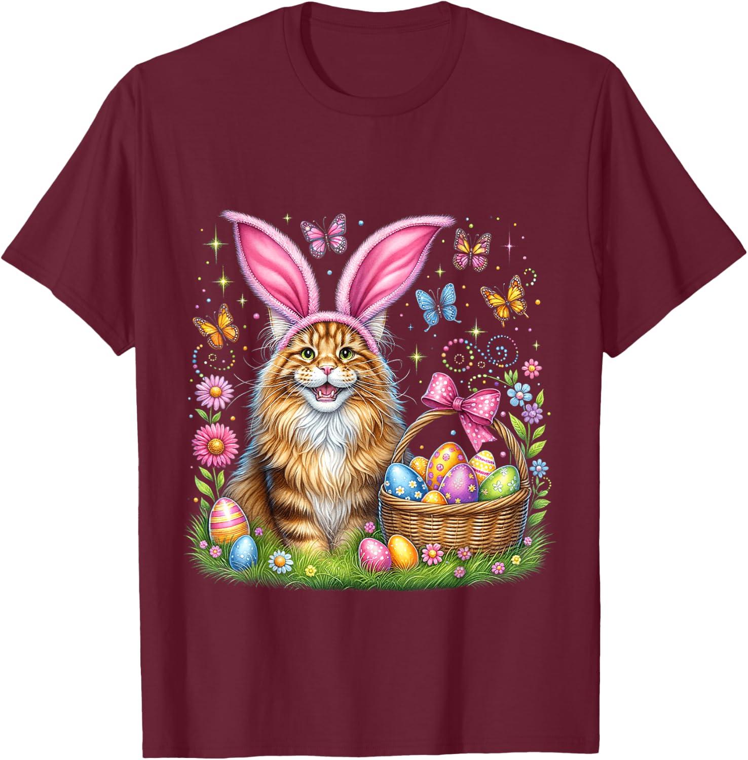 Happy Easter Cute Bunny Maine Coon Cat Easter Eggs Basket T-Shirt - T-Shirt | Maroon