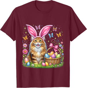Happy Easter Cute Bunny Maine Coon Cat Easter Eggs Basket T-Shirt - T-Shirt | Maroon