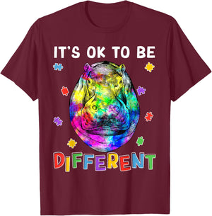Autism Awareness Hippo Hippopotamus It's OK To Be Different T-Shirt - T-Shirt | Maroon