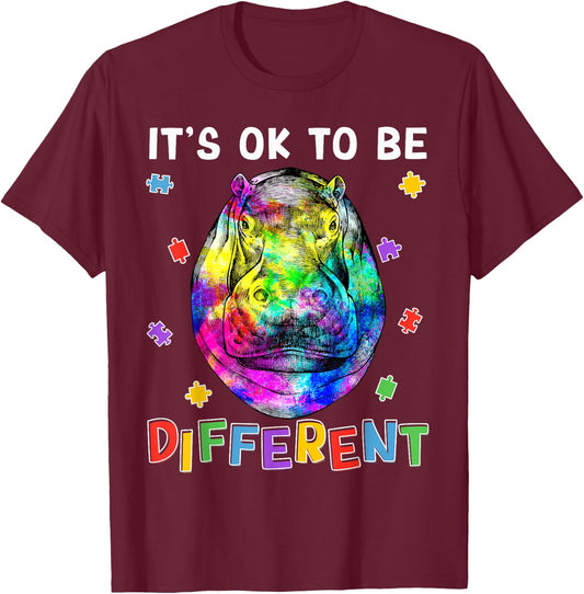 Autism Awareness Hippo Hippopotamus It's OK To Be Different T-Shirt - T-Shirt | Maroon