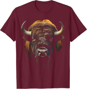 Portrait Of Bison Animal Zoo Art Bison , Black, S T-Shirt - T-Shirt | Maroon