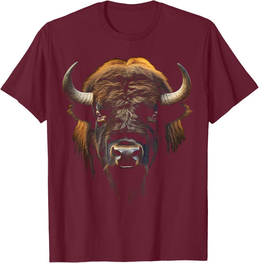 Portrait Of Bison Animal Zoo Art Bison , Black, S T-Shirt - T-Shirt | Maroon