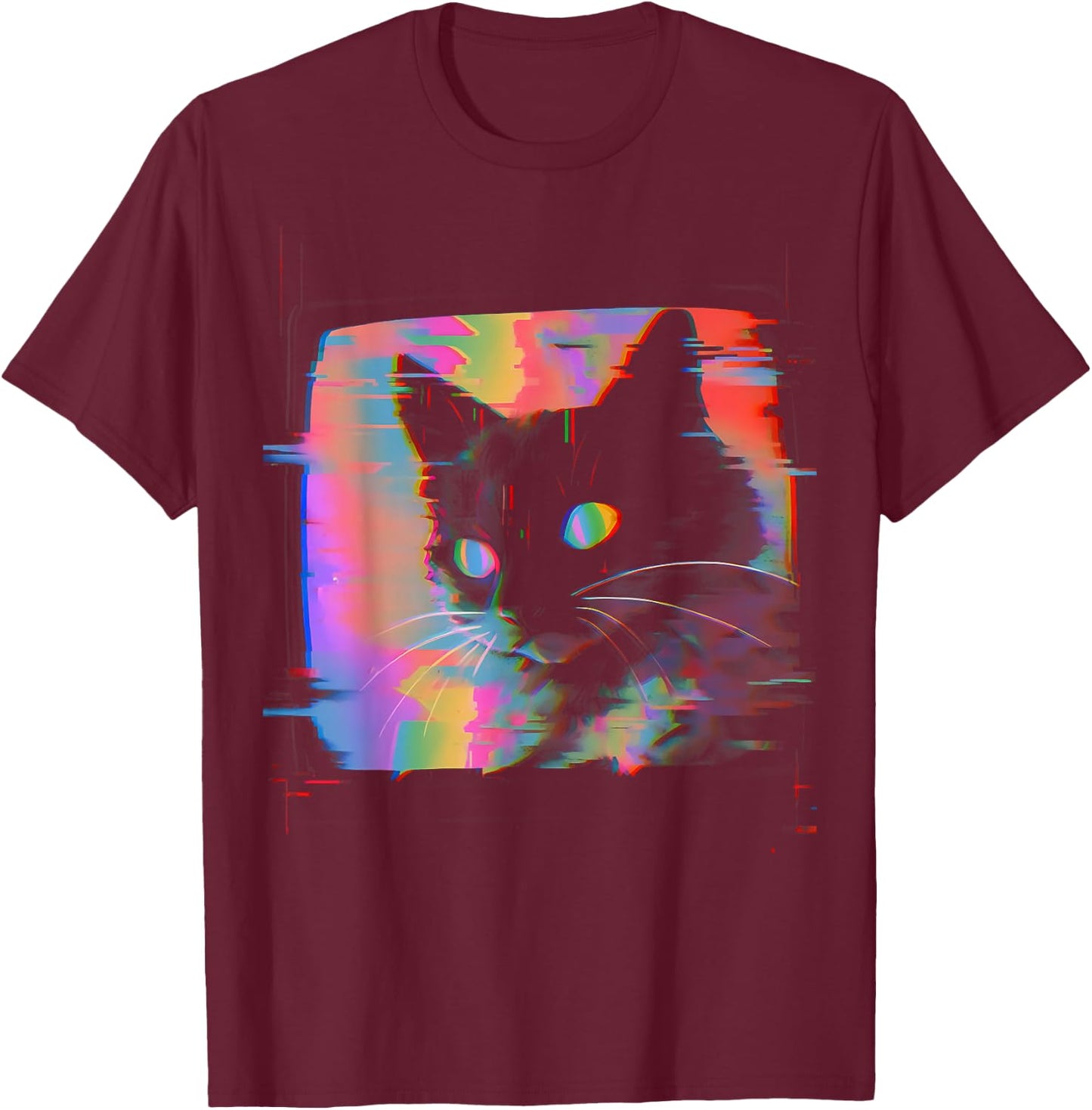 Psychedelic Trippy Glitch Cat | 80s 90s Vaporwave Synthwave T-Shirt - T-Shirt | Maroon