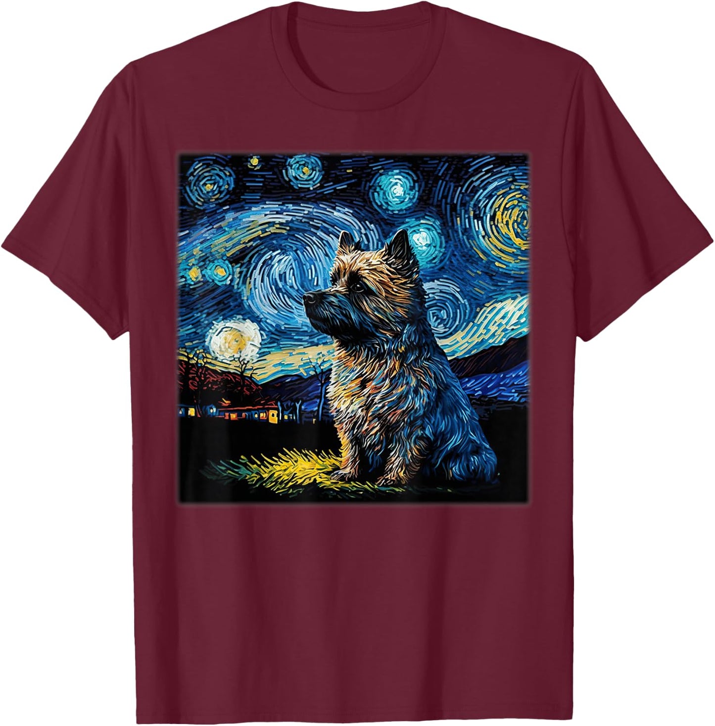 Surrealism Starry Night Cairn Terrier Dog T-Shirt - T-Shirt | Maroon