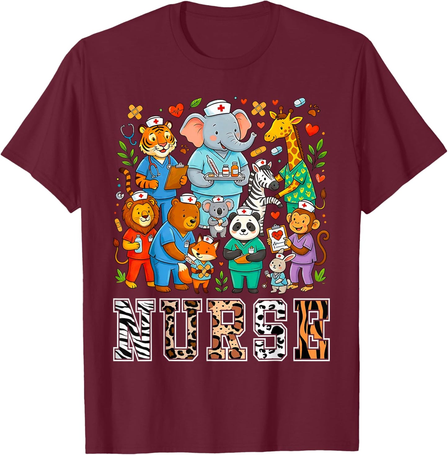 Nurse Safari Leopard Animal Print Theme Women Student T-Shirt - T-Shirt | Maroon