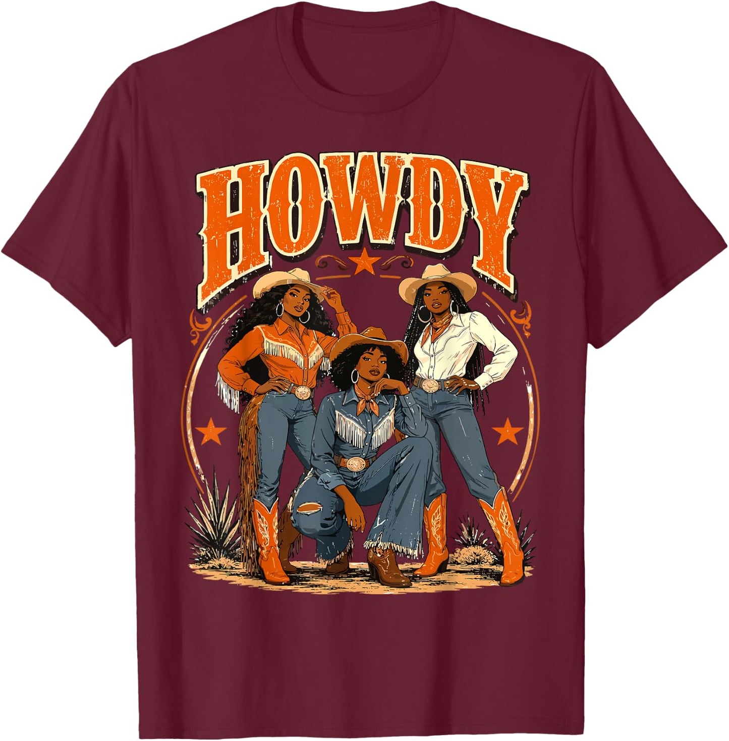 Howdy Cowgirl Western Boots Afro Western Rodeo Melanin T-Shirt - T-Shirt | Maroon