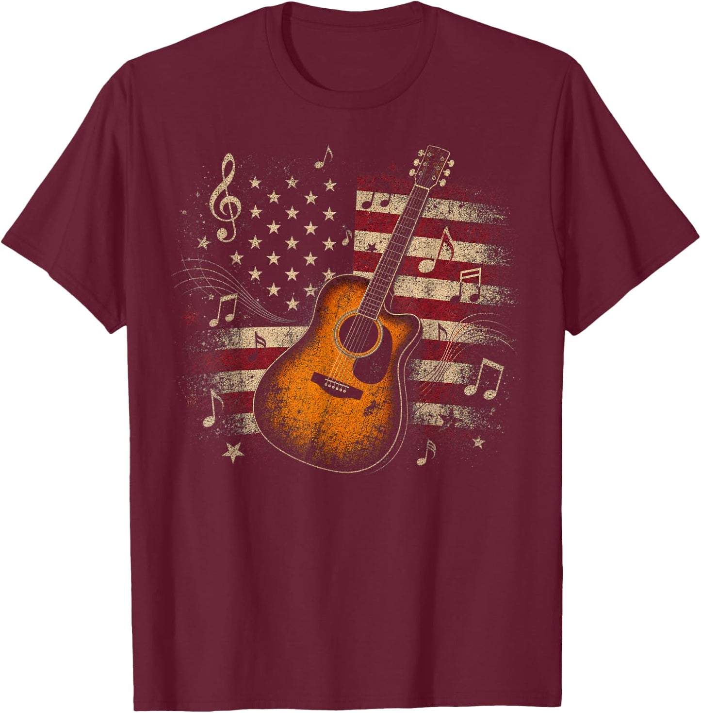 Patriotic Acoustic Guitar with American Flag Design T-Shirt - T-Shirt | Maroon