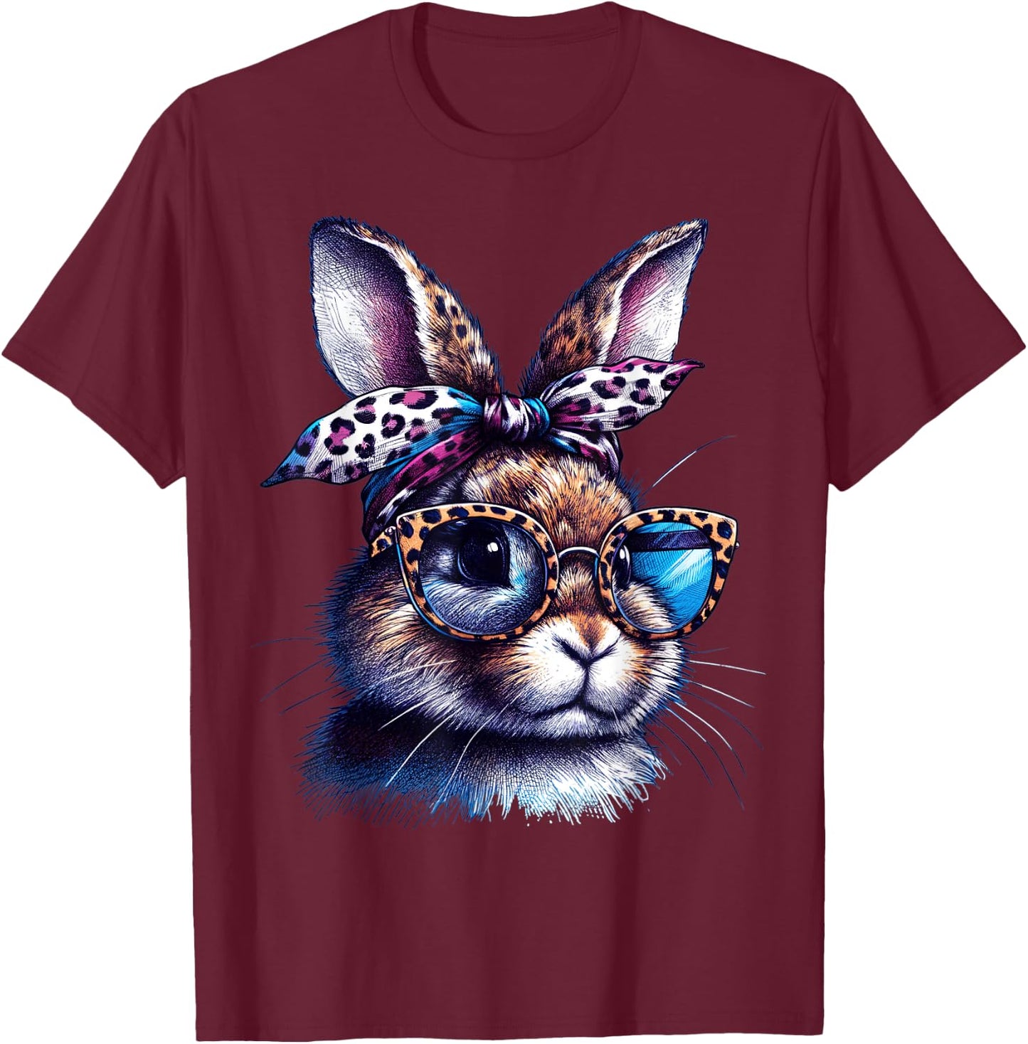 Easter Bunny Wearing Glasses Leopard Headband Women Girls T-Shirt - T-Shirt | Maroon