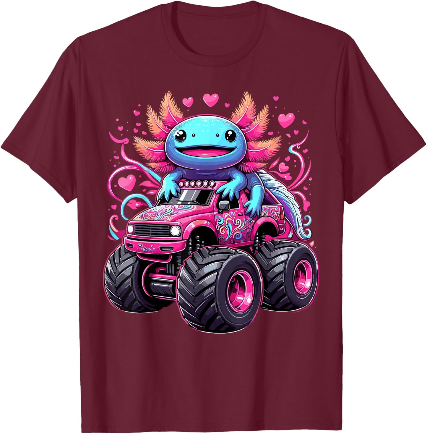 Axolotl Riding Monster Truck T-Shirt - T-Shirt | Maroon