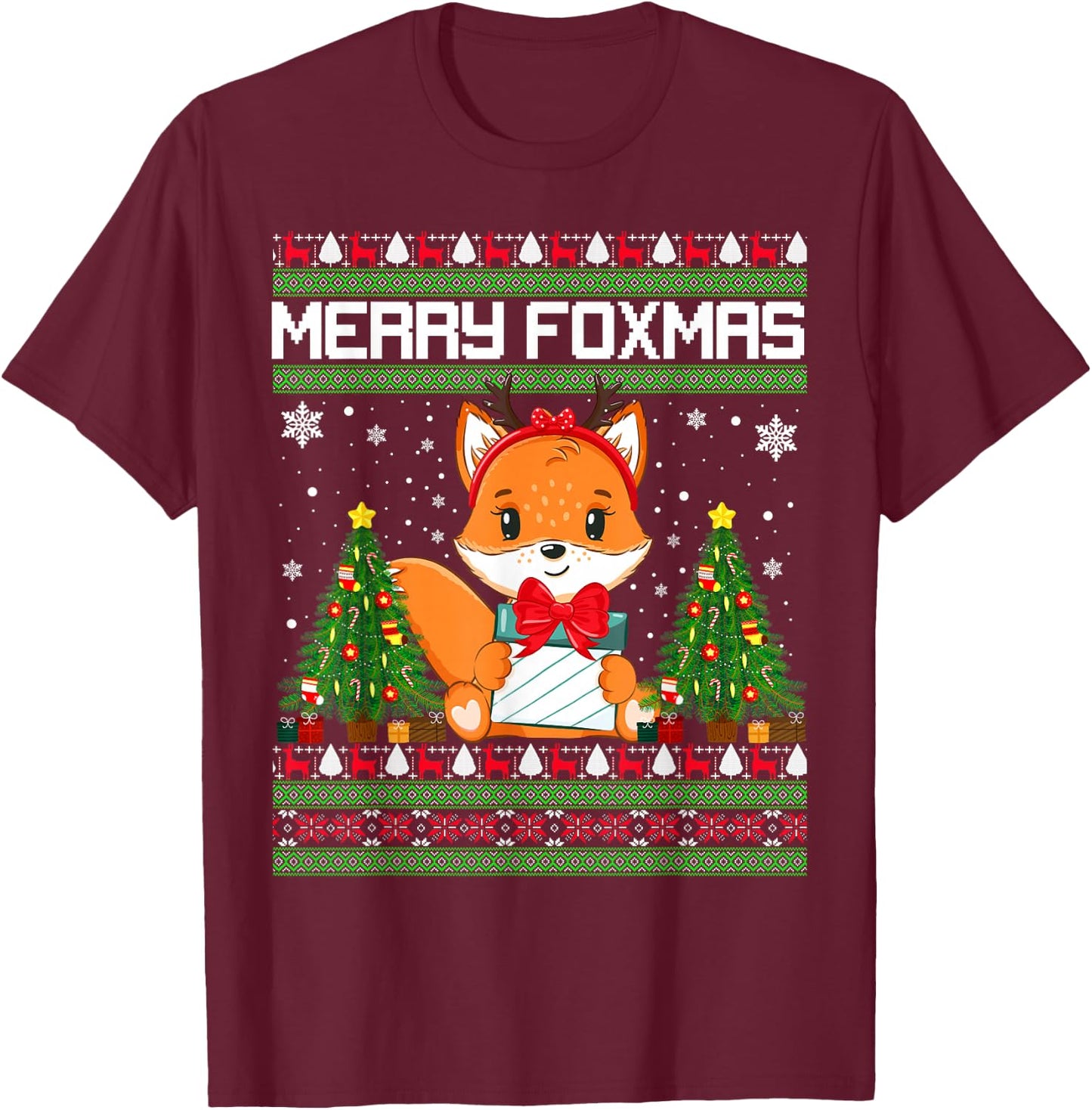 Merry Foxmas Santa Fox Lights Fox Lovers Ugly Xmas Sweater T-Shirt - T-Shirt | Maroon